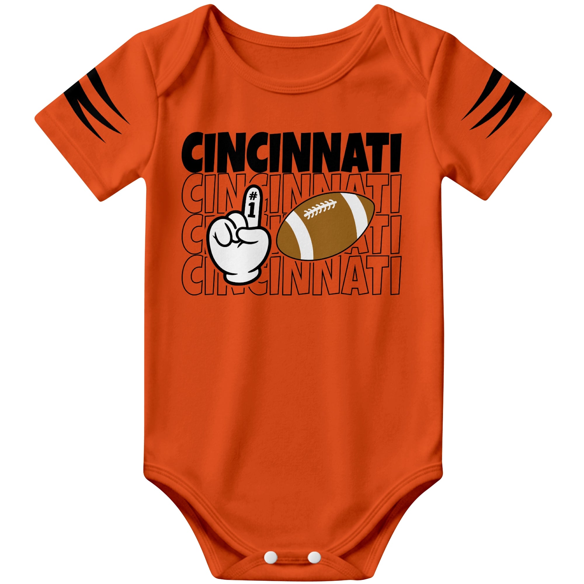 Cincinnati Orange football baby bodysuit front view with city lettering football and number one fan hand graphic