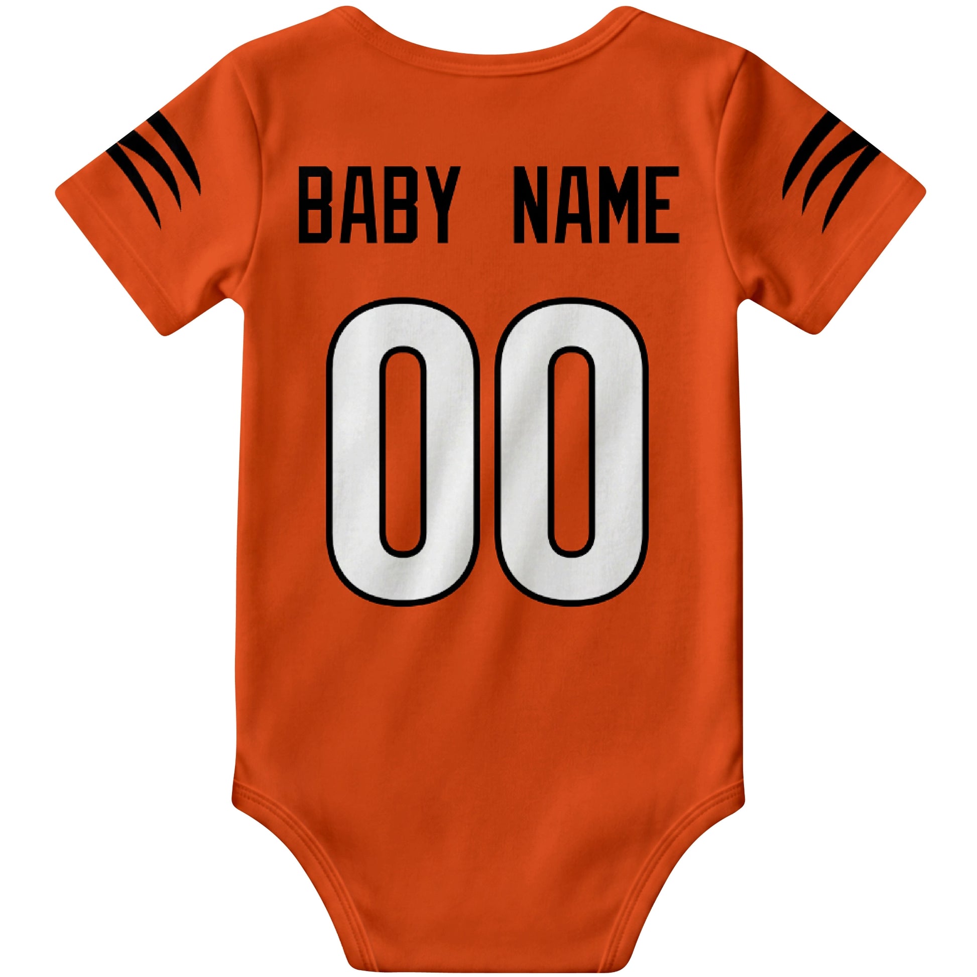 Cincinnati Orange personalized football baby bodysuit back view with custom baby name and jersey number