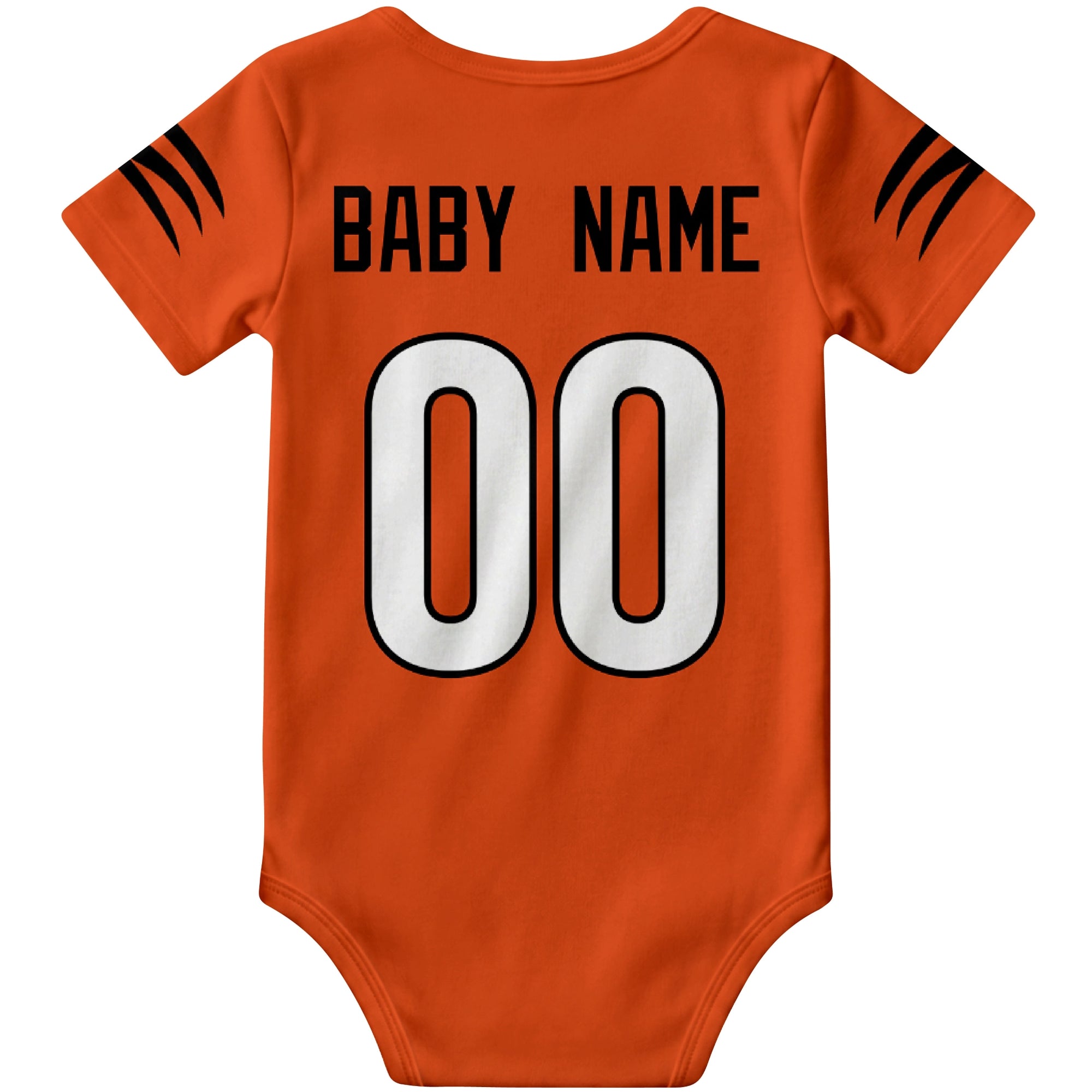 Cincinnati Orange personalized football baby bodysuit back view with custom baby name and jersey number