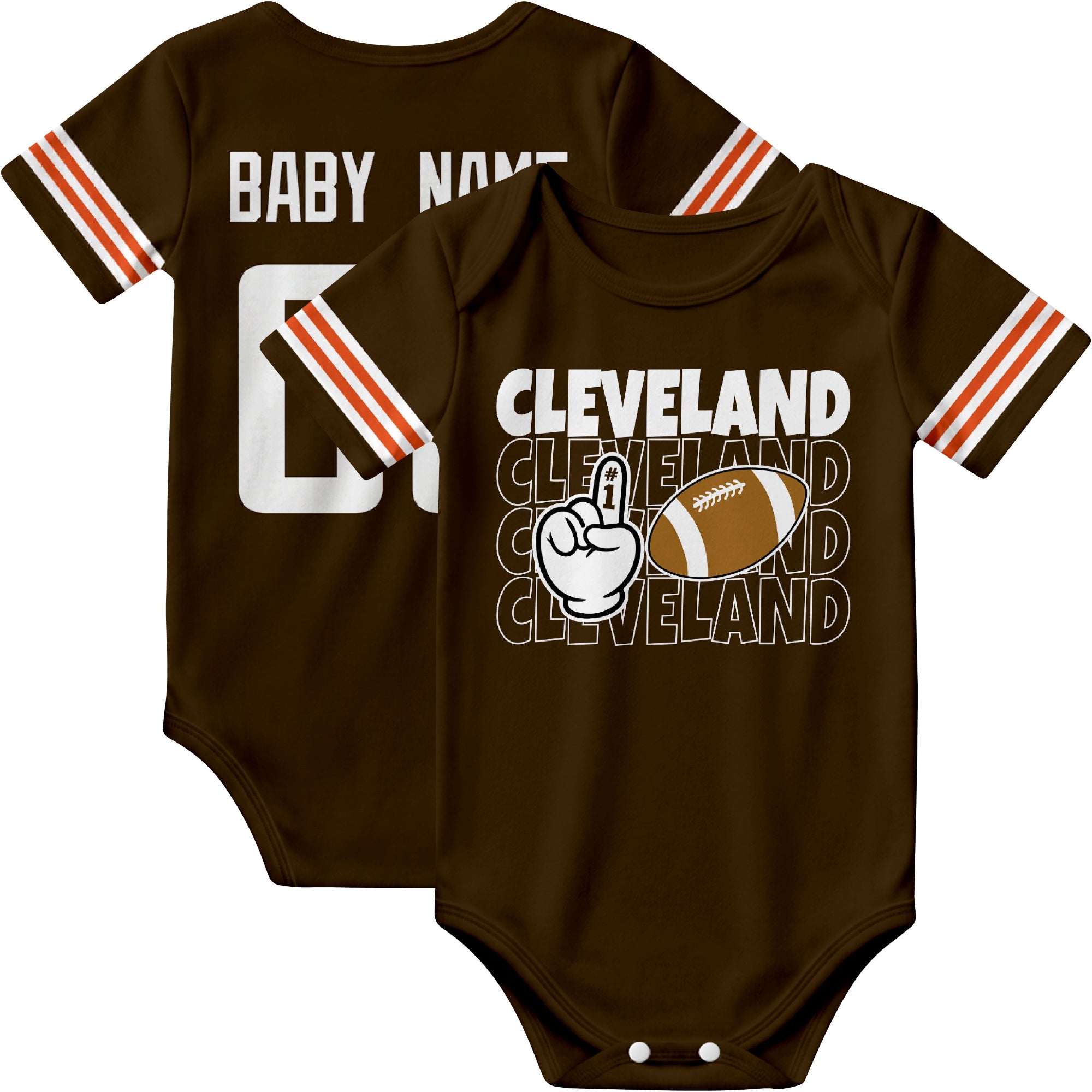Cleveland personalized football baby bodysuit in Brown showing front number one fan design and back custom baby name and number