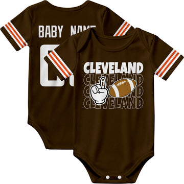 Cleveland personalized football baby bodysuit in Brown showing front number one fan design and back custom baby name and number