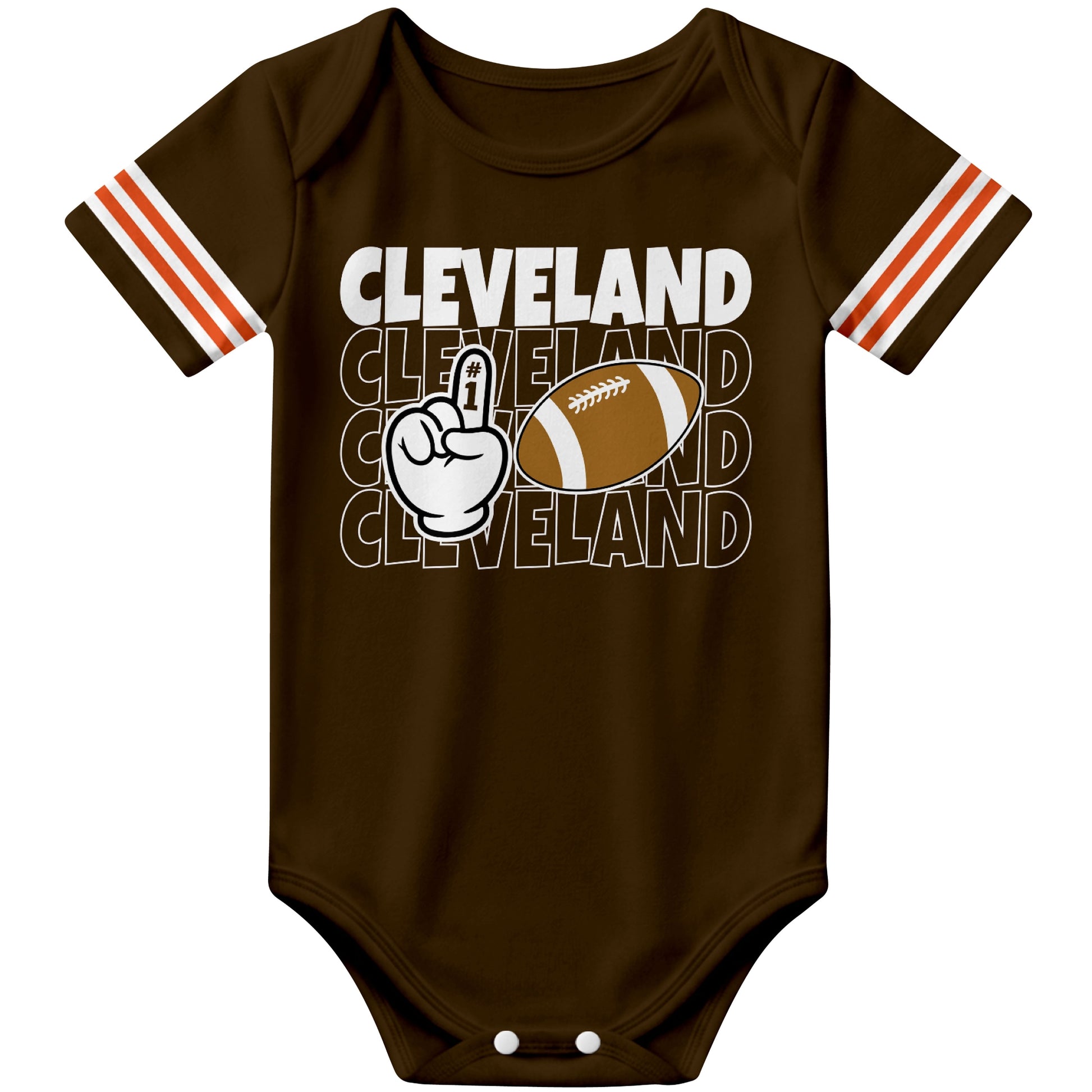 Cleveland Brown football baby bodysuit front view with city lettering football and number one fan hand graphic