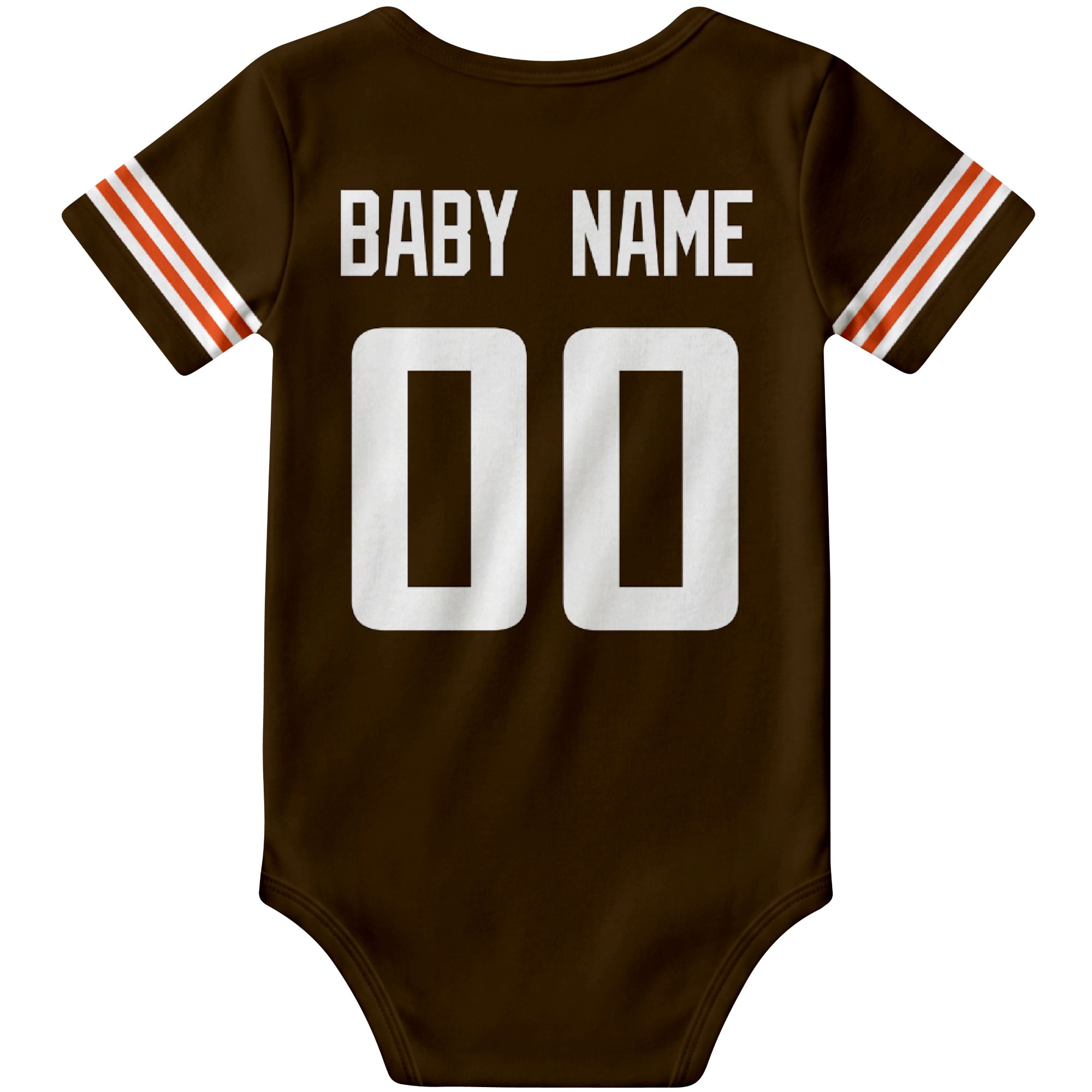 Cleveland Brown personalized football baby bodysuit back view with custom baby name and jersey number