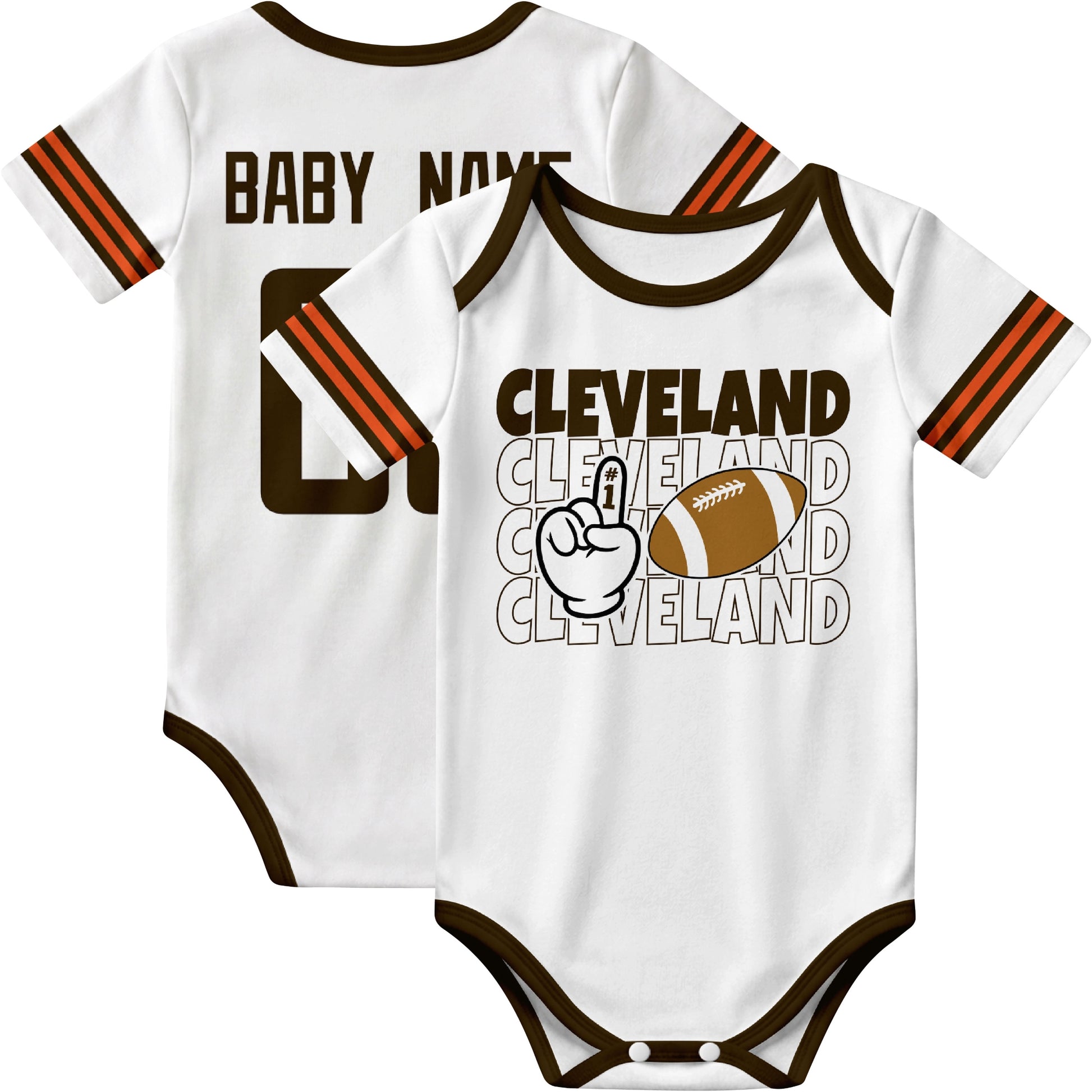 Cleveland personalized football baby bodysuit in White showing front number one fan design and back custom baby name and number