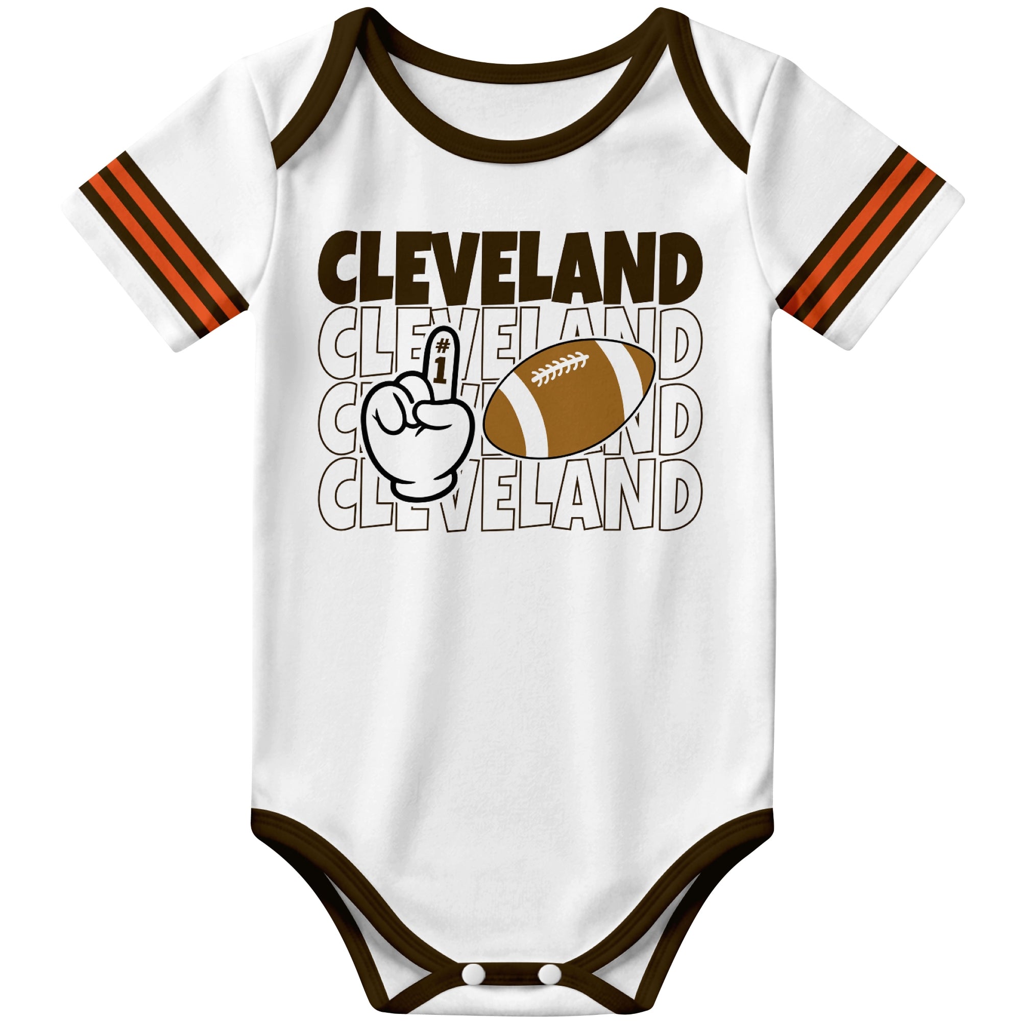 Cleveland White football baby bodysuit front view with city lettering football and number one fan hand graphic