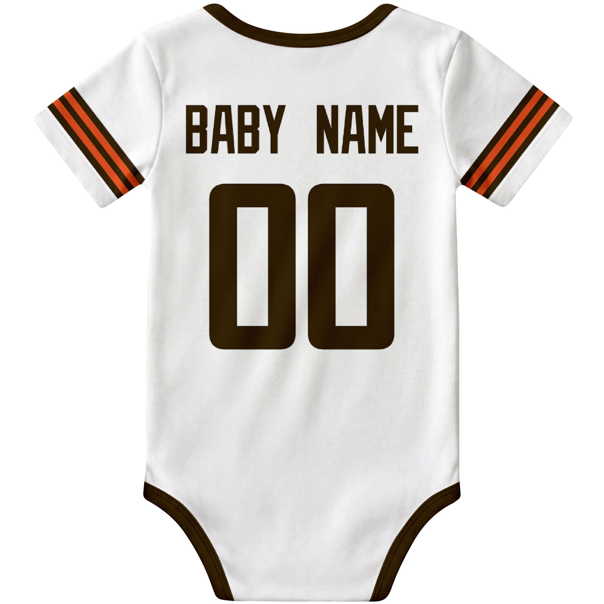 Cleveland White personalized football baby bodysuit back view with custom baby name and jersey number