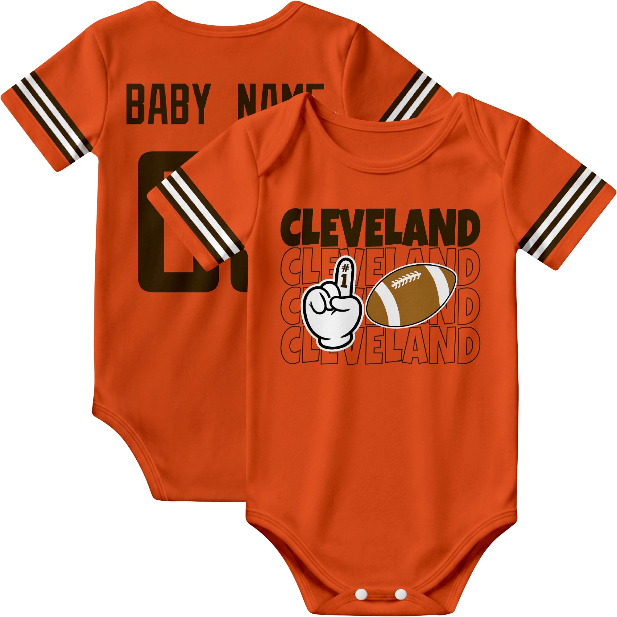 Cleveland personalized football baby bodysuit in Orange showing front number one fan design and back custom baby name and number