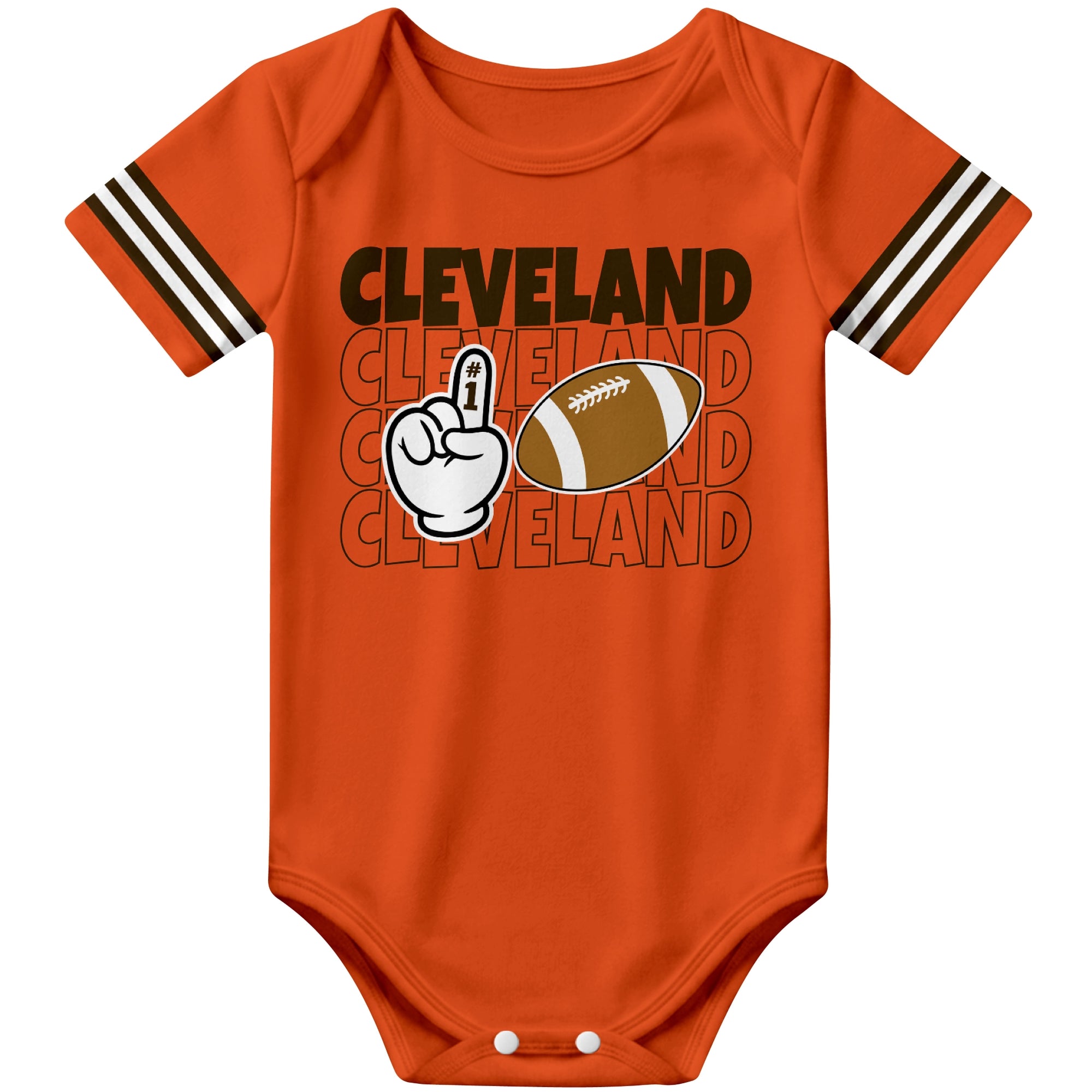 Cleveland Orange football baby bodysuit front view with city lettering football and number one fan hand graphic