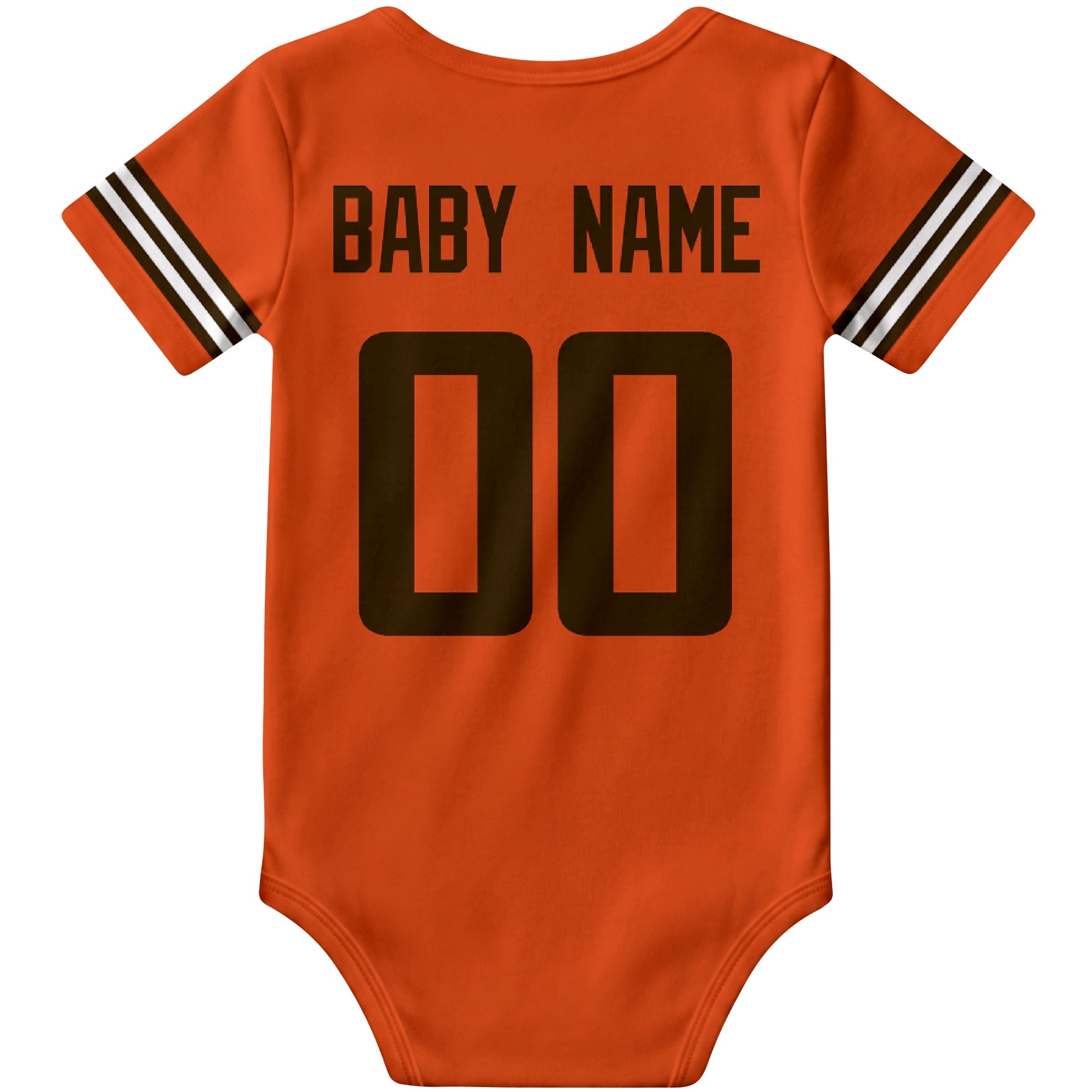 Cleveland Orange personalized football baby bodysuit back view with custom baby name and jersey number
