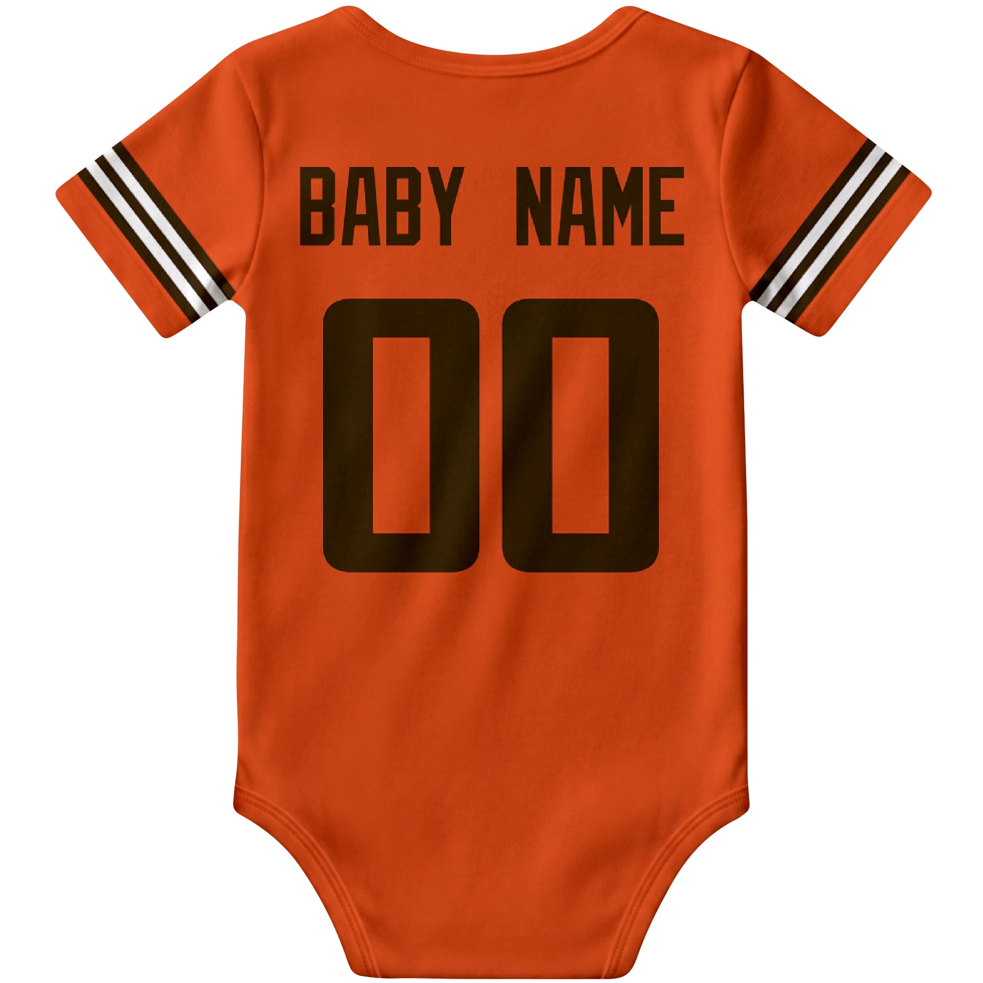 Cleveland Orange personalized football baby bodysuit back view with custom baby name and jersey number