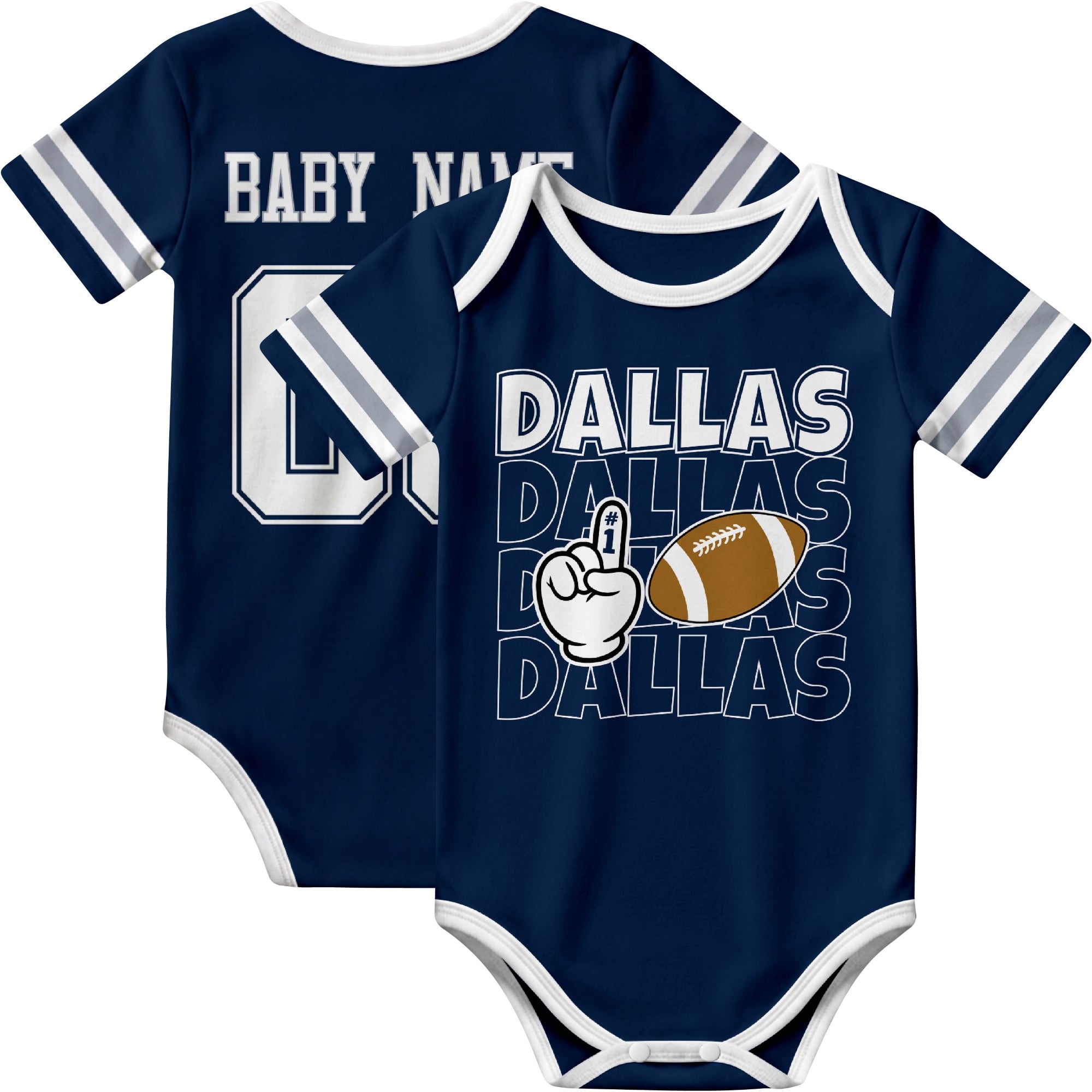 Dallas personalized football baby bodysuit in Navy showing front number one fan design and back custom baby name and number