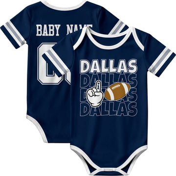 Dallas personalized football baby bodysuit in Navy showing front number one fan design and back custom baby name and number