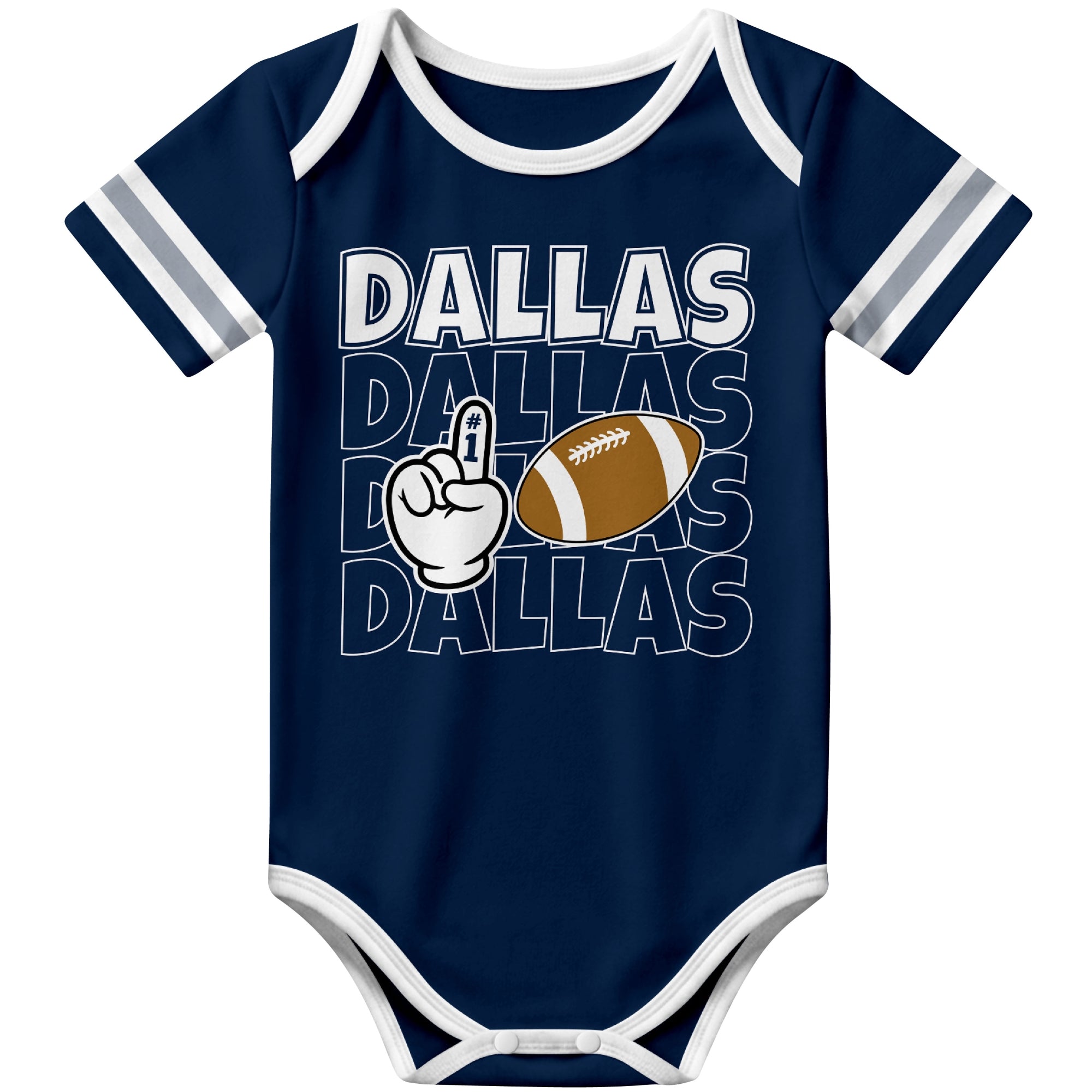 Dallas Navy football baby bodysuit front view with city lettering football and number one fan hand graphic