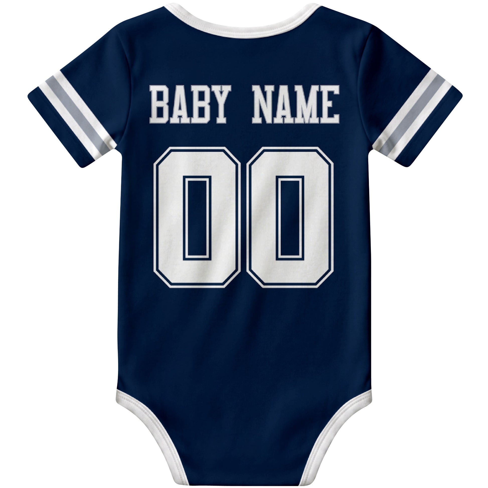 Dallas Navy personalized football baby bodysuit back view with custom baby name and jersey number