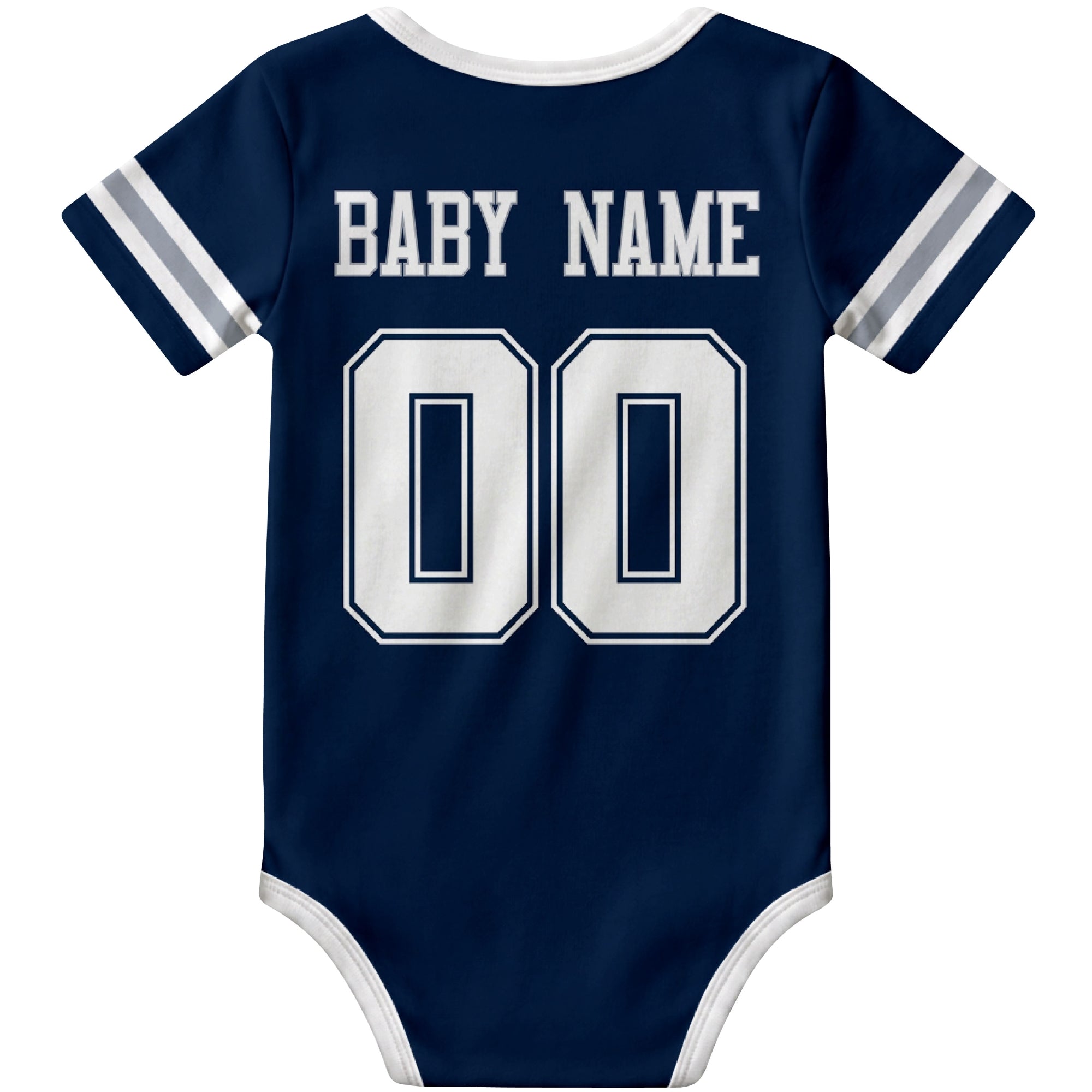 Dallas Navy personalized football baby bodysuit back view with custom baby name and jersey number