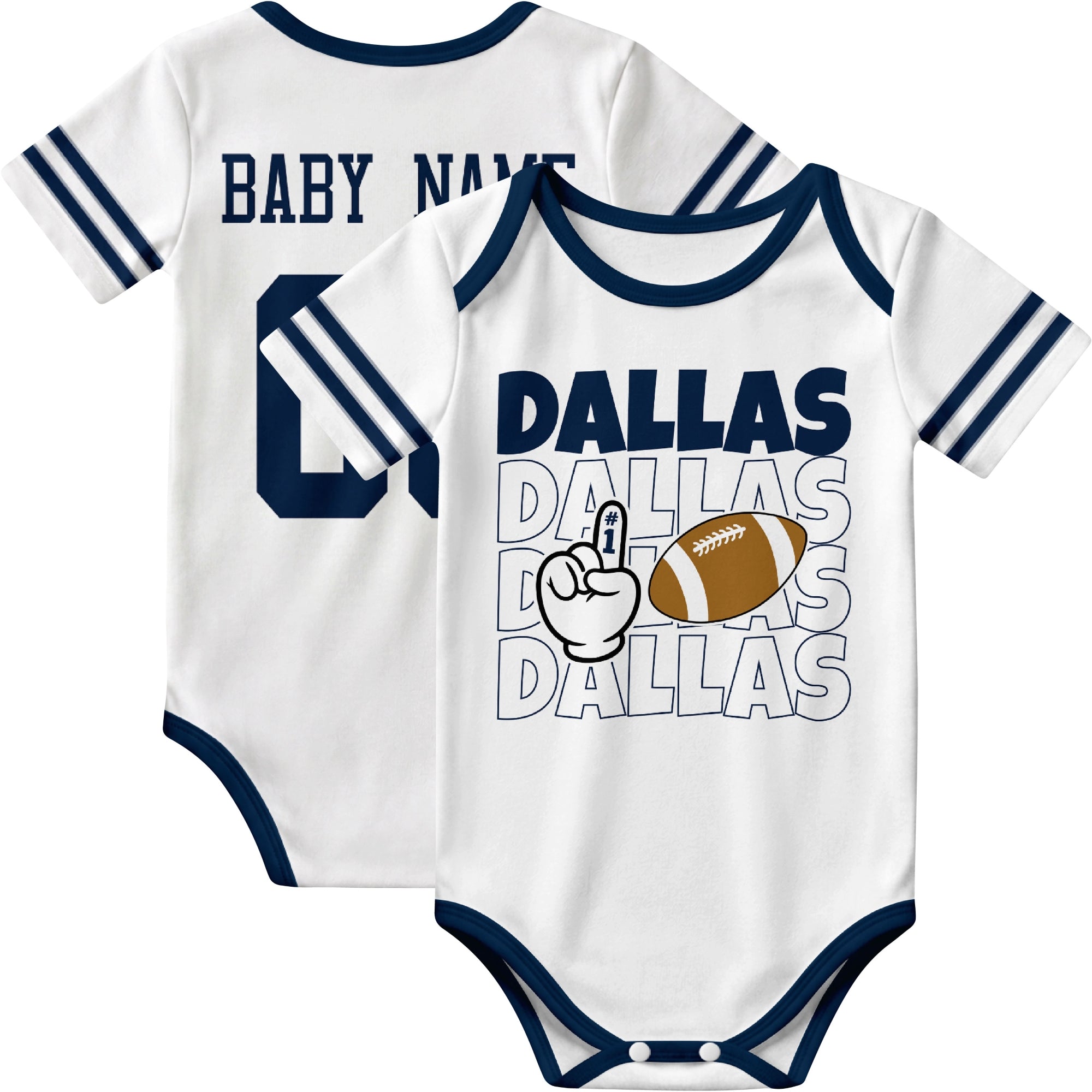 Dallas personalized football baby bodysuit in White showing front number one fan design and back custom baby name and number