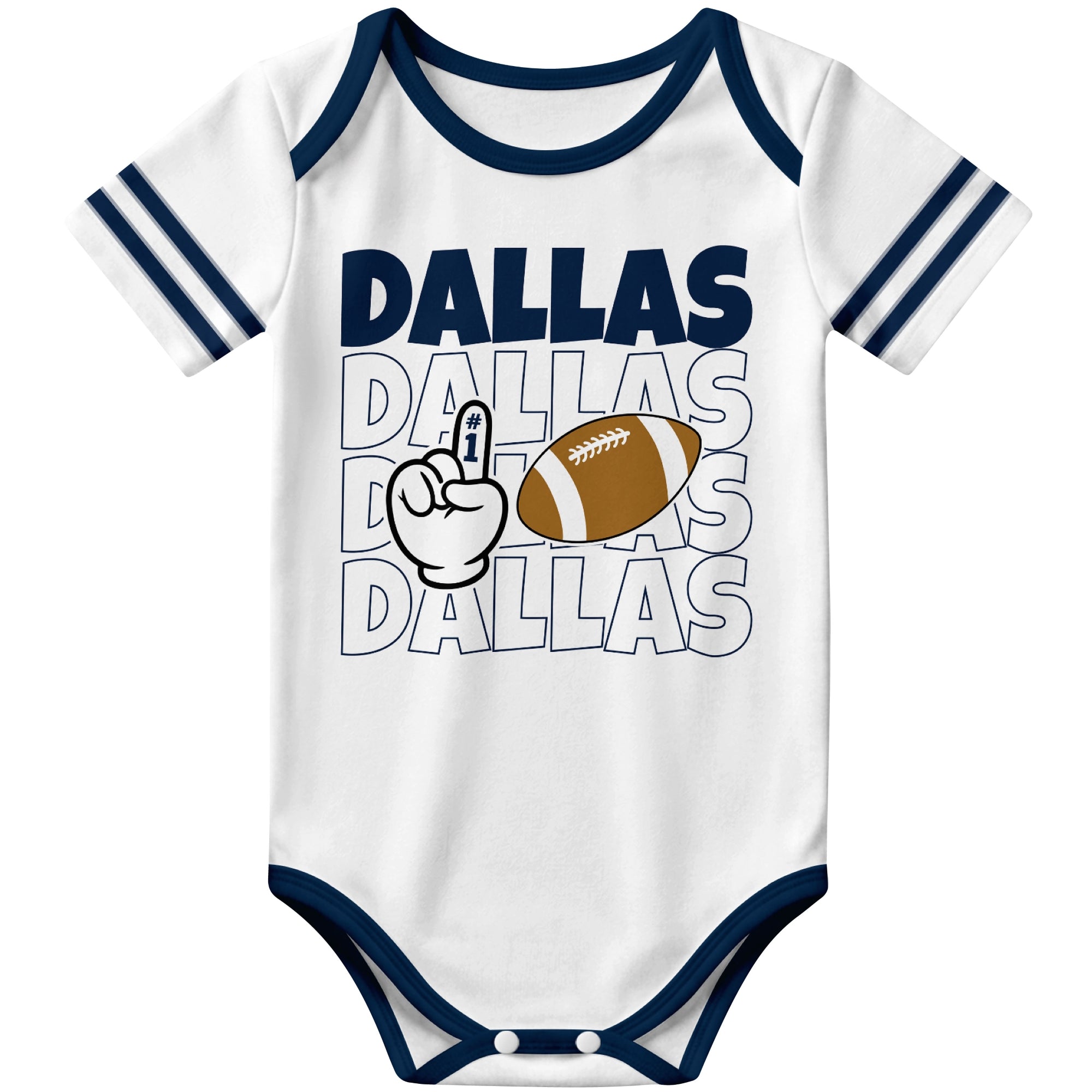 Dallas White football baby bodysuit front view with city lettering football and number one fan hand graphic