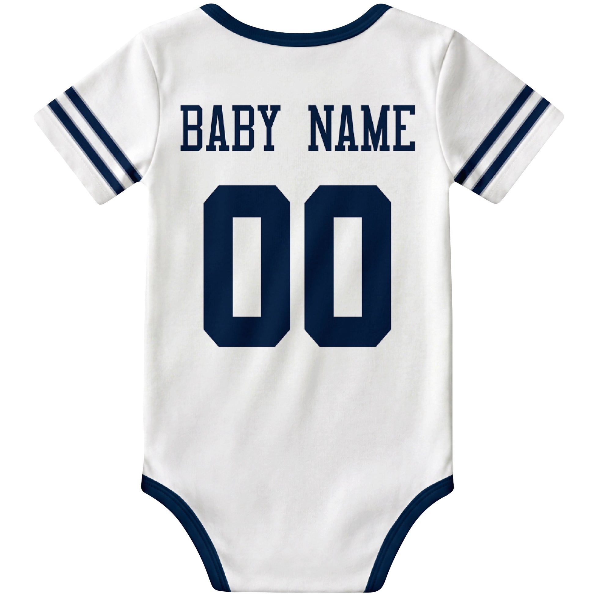 Dallas White personalized football baby bodysuit back view with custom baby name and jersey number