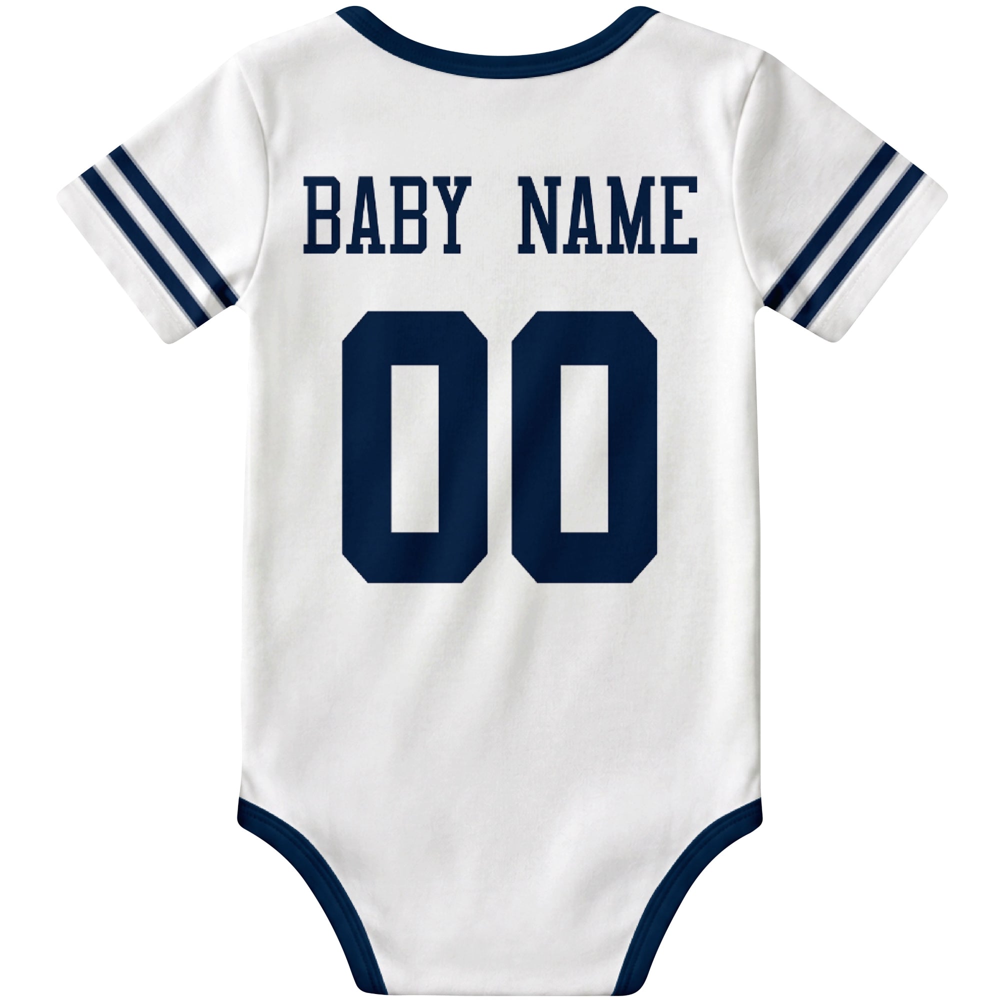 Dallas White personalized football baby bodysuit back view with custom baby name and jersey number