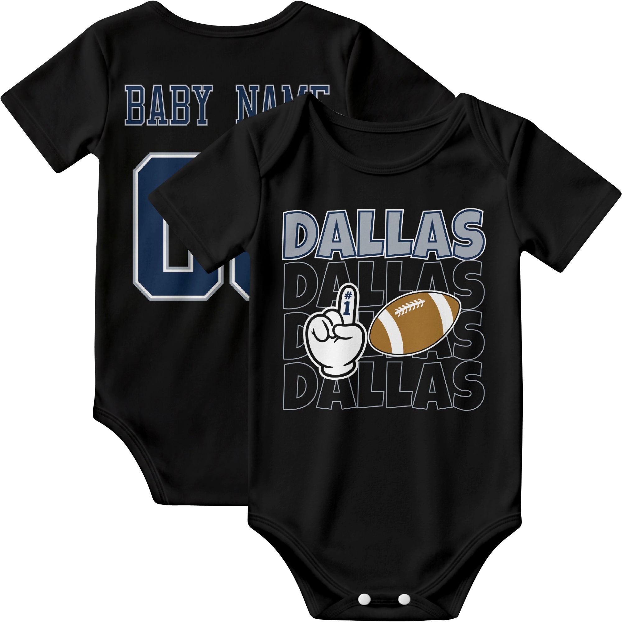Dallas personalized football baby bodysuit in Black showing front number one fan design and back custom baby name and number