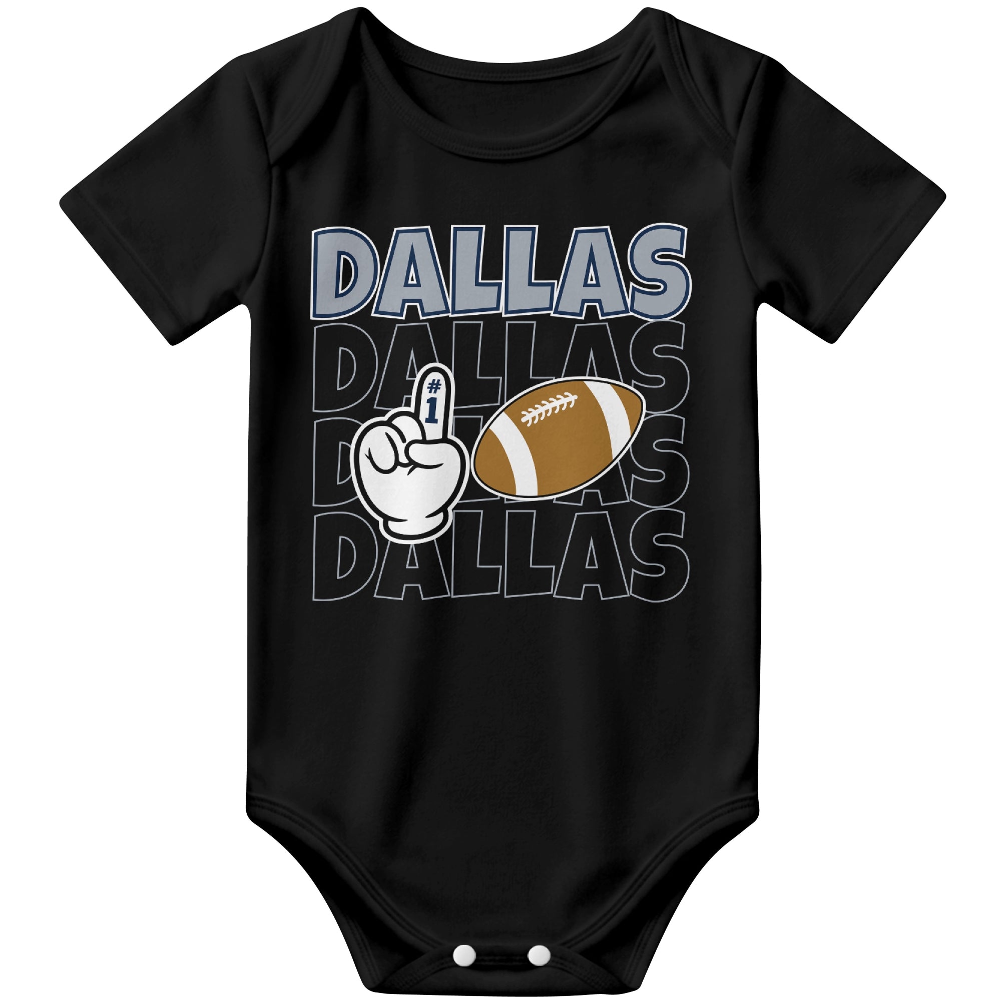 Dallas Black football baby bodysuit front view with city lettering football and number one fan hand graphic