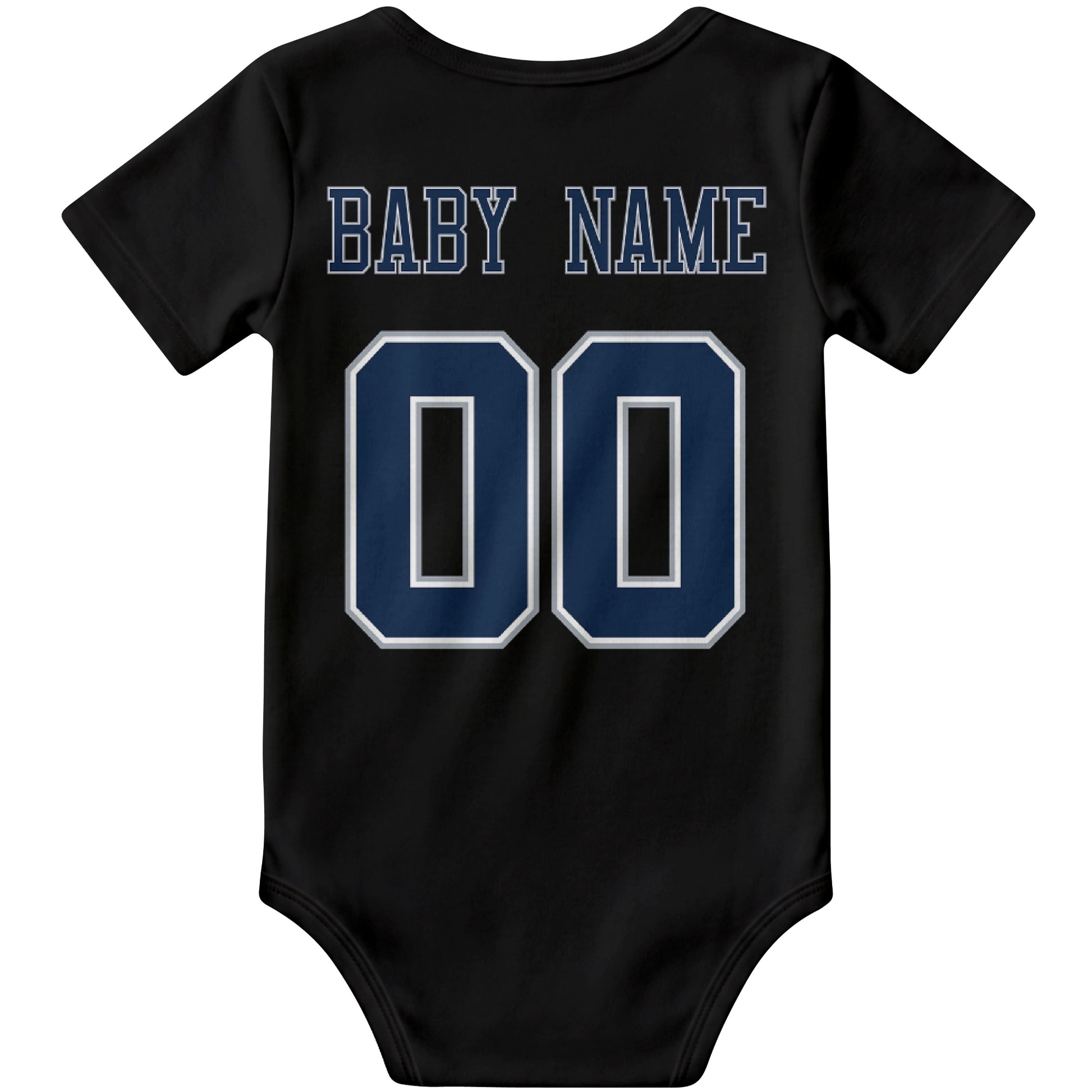 Dallas Black personalized football baby bodysuit back view with custom baby name and jersey number