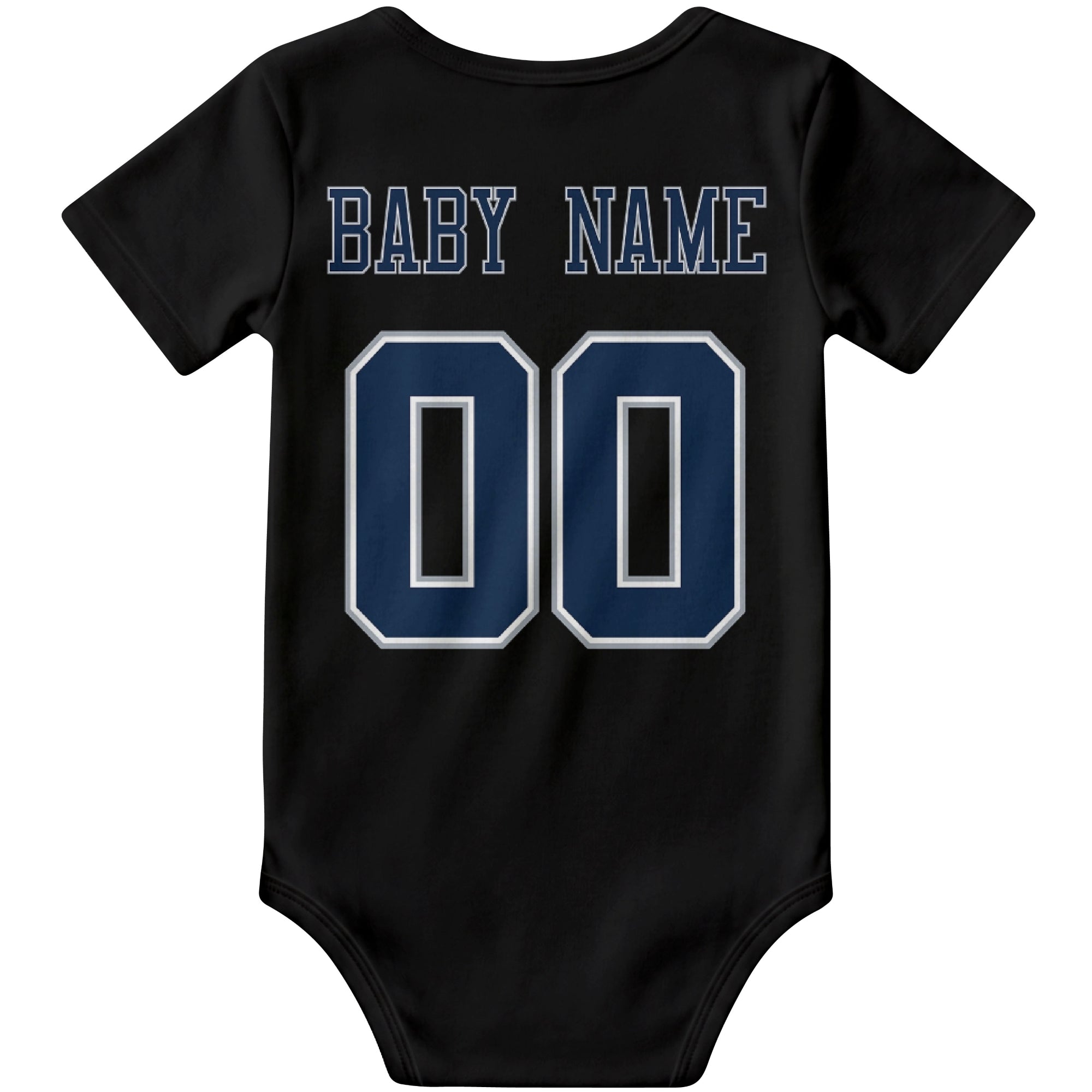 Dallas Black personalized football baby bodysuit back view with custom baby name and jersey number