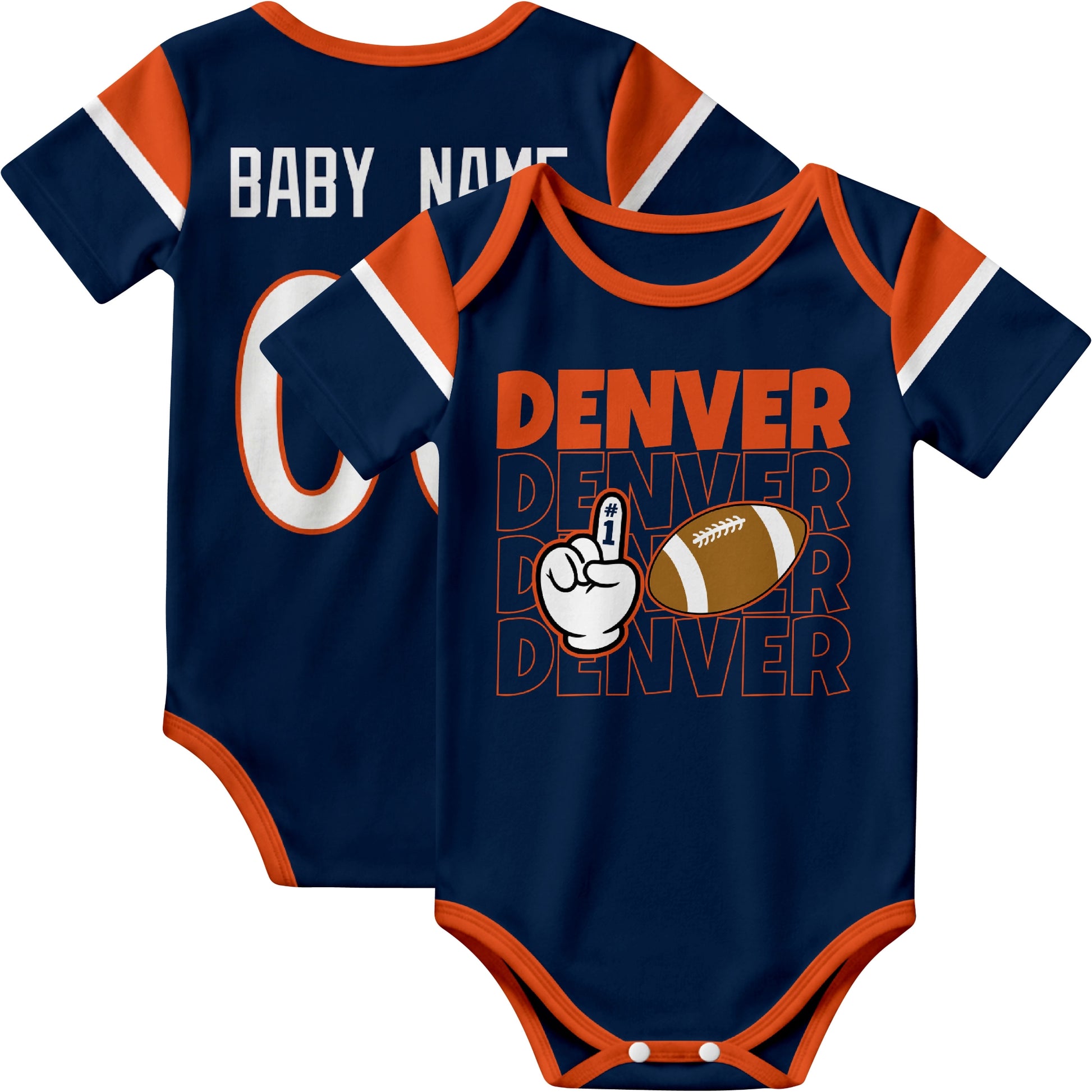 Denver personalized football baby bodysuit in Navy showing front number one fan design and back custom baby name and number