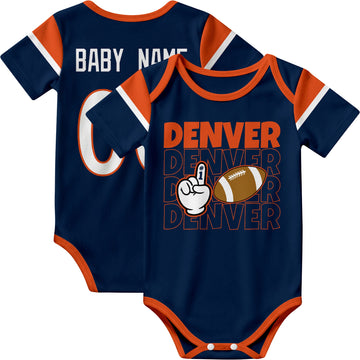 Denver personalized football baby bodysuit in Navy showing front number one fan design and back custom baby name and number