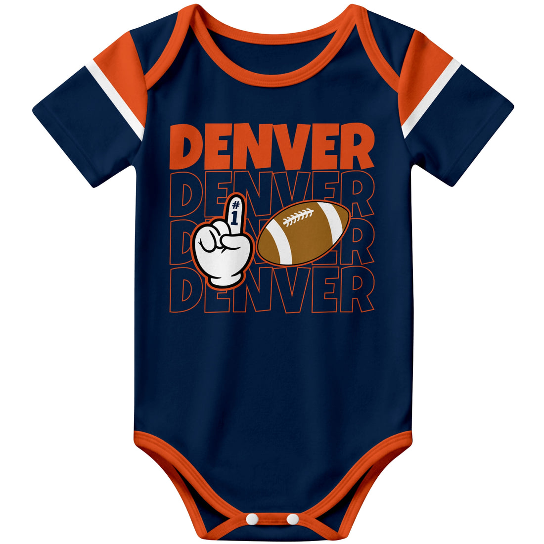 Denver personalized football baby bodysuit in Navy showing front number one fan design and back custom baby name and number