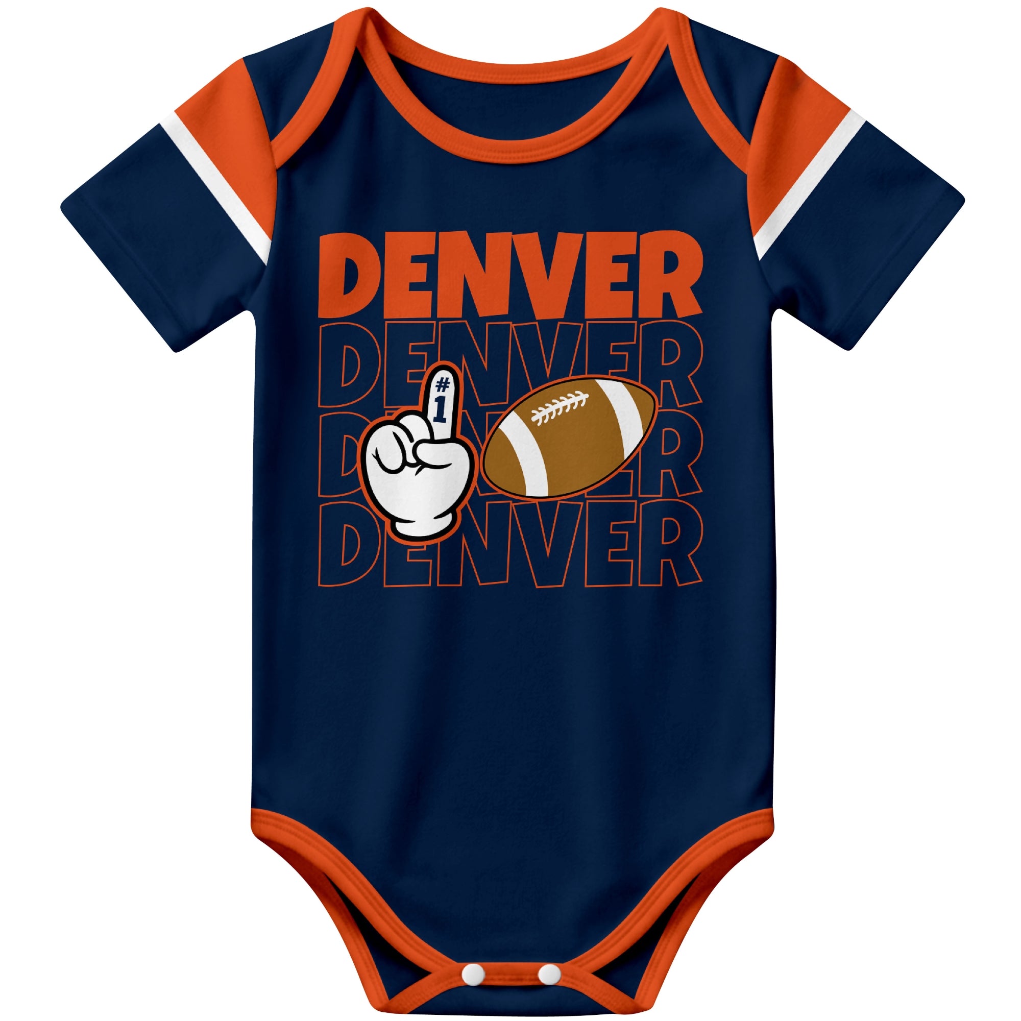 Denver Navy football baby bodysuit front view with city lettering football and number one fan hand graphic