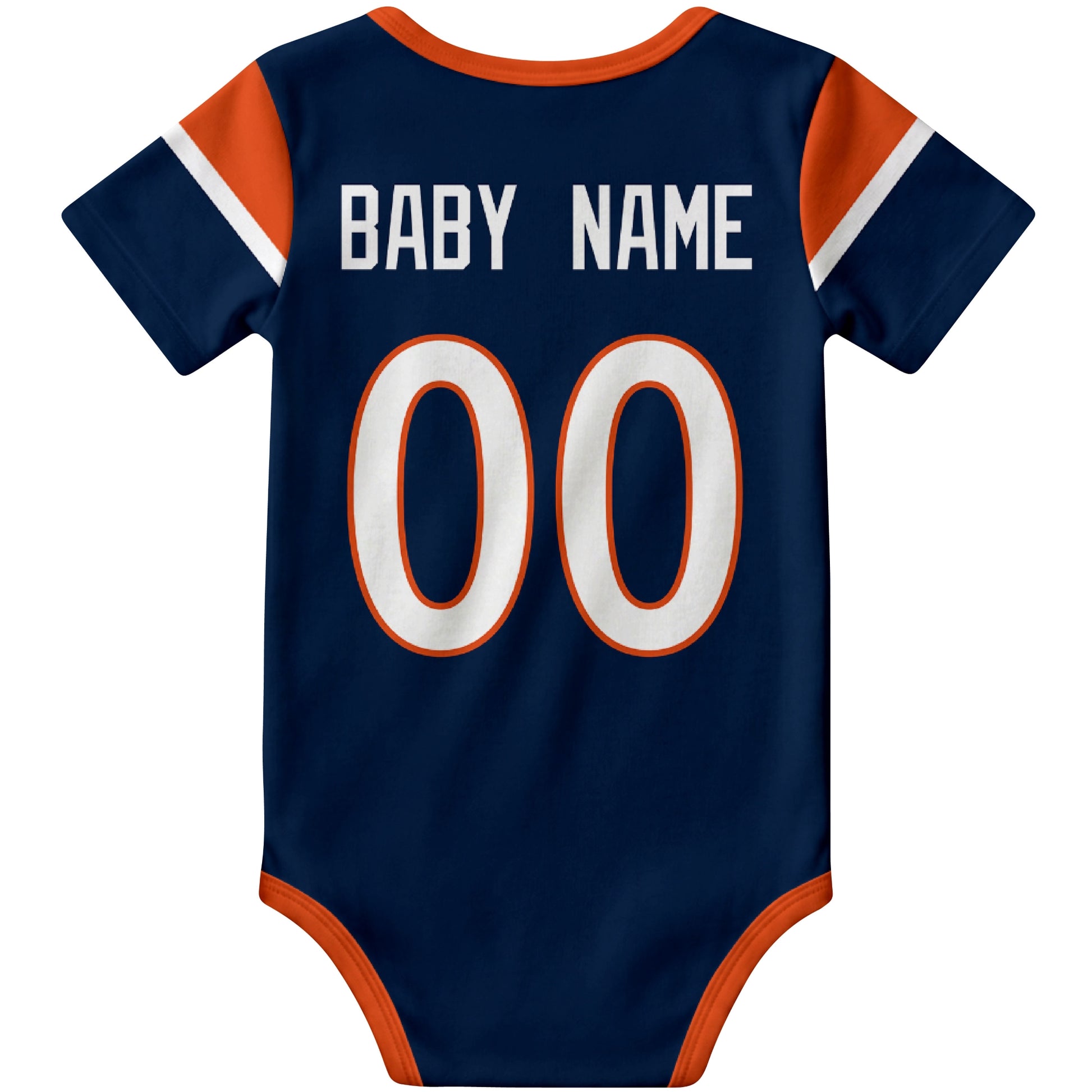Denver Navy personalized football baby bodysuit back view with custom baby name and jersey number
