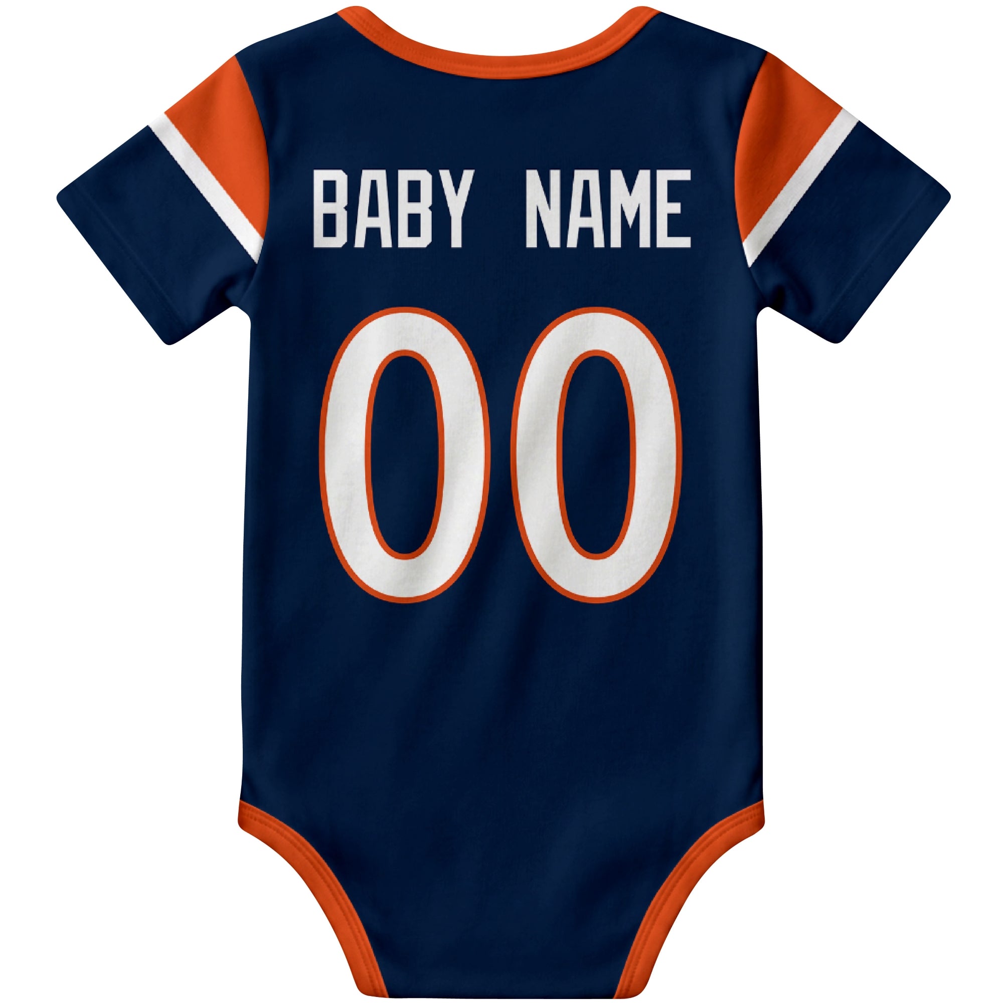 Denver Navy personalized football baby bodysuit back view with custom baby name and jersey number