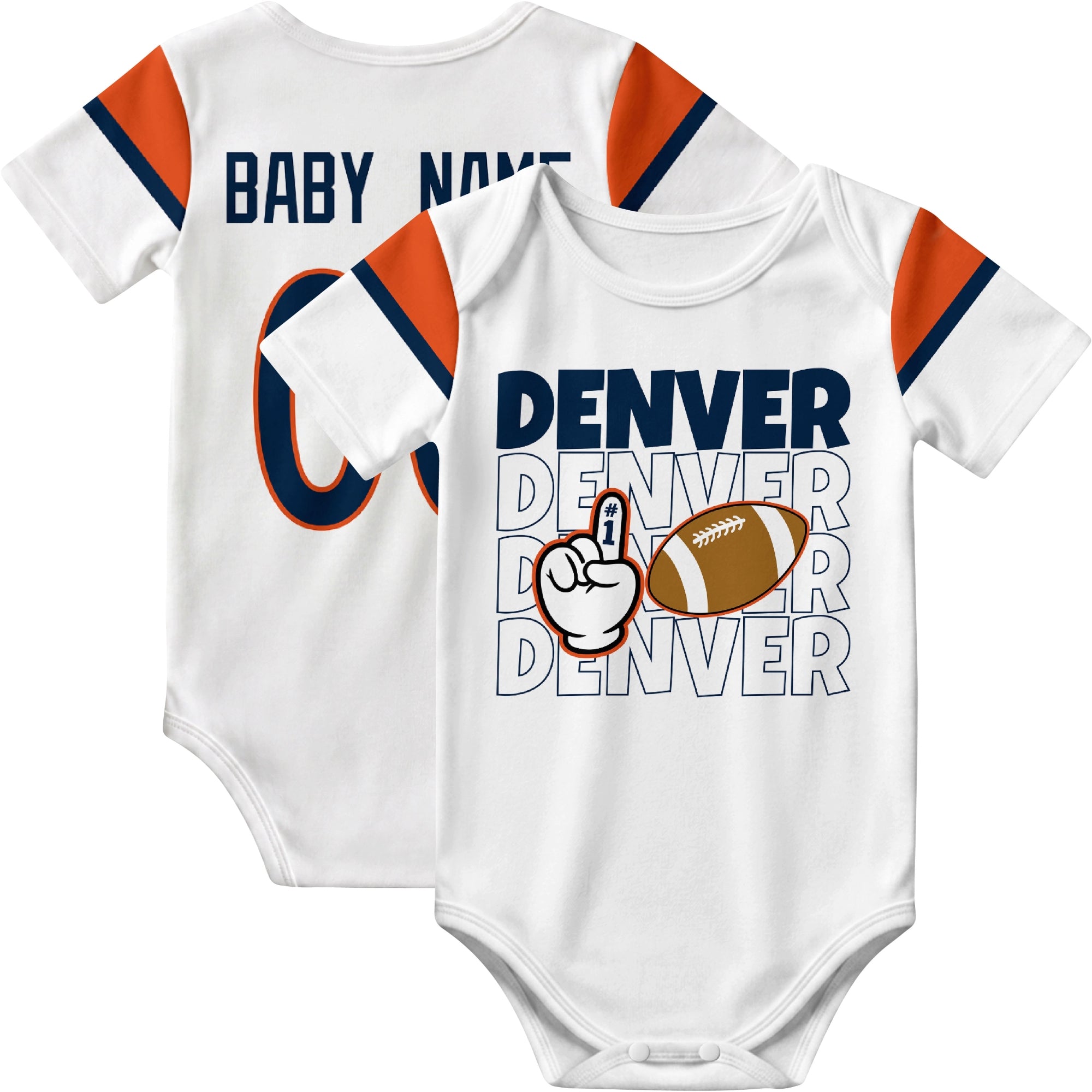 Denver personalized football baby bodysuit in White showing front number one fan design and back custom baby name and number
