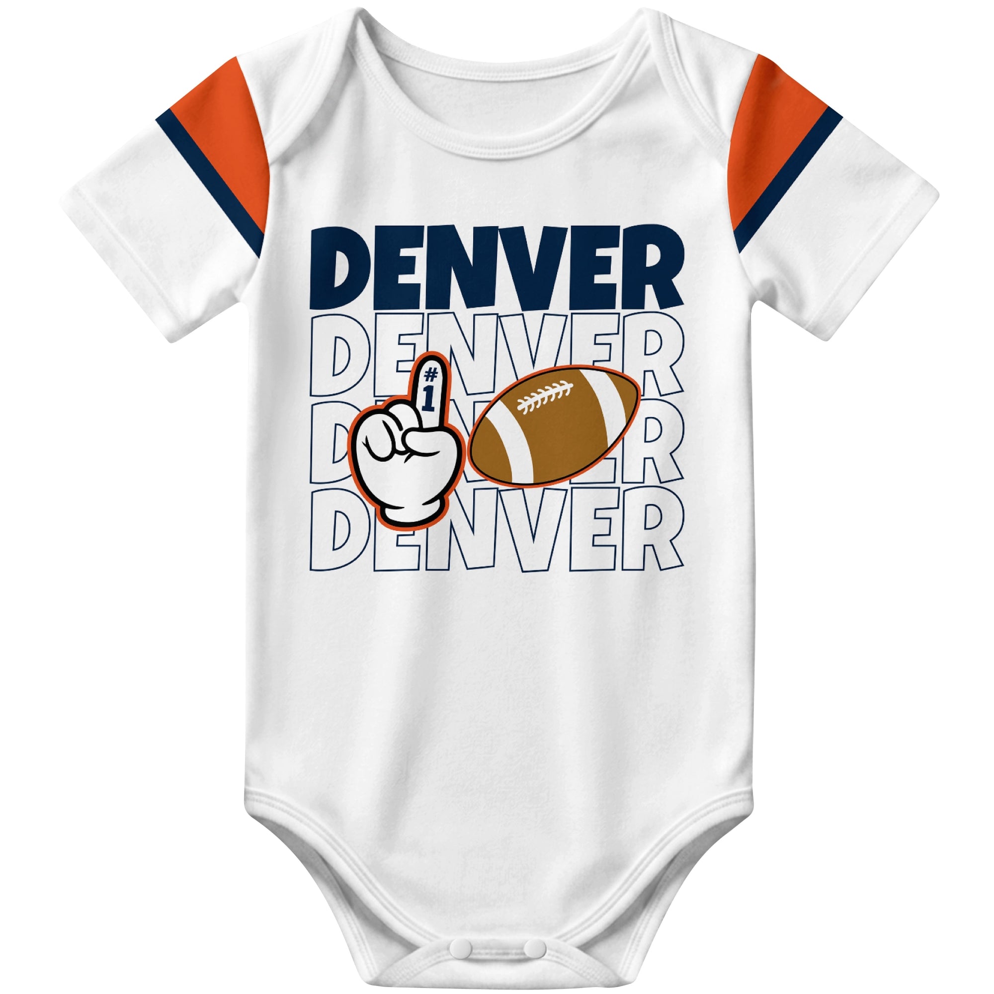 Denver White football baby bodysuit front view with city lettering football and number one fan hand graphic