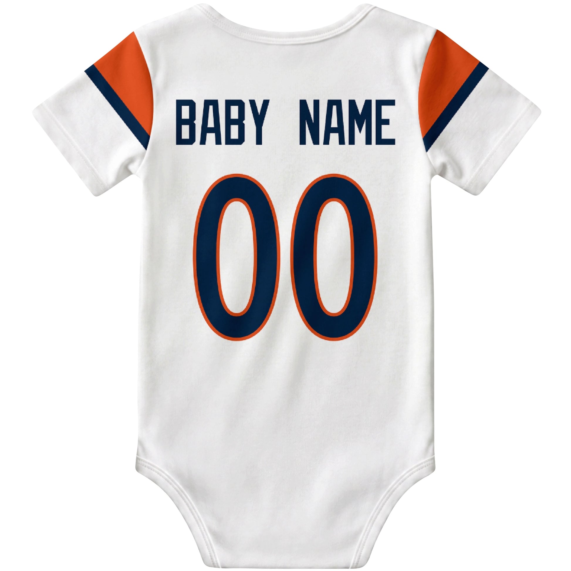 Denver White personalized football baby bodysuit back view with custom baby name and jersey number