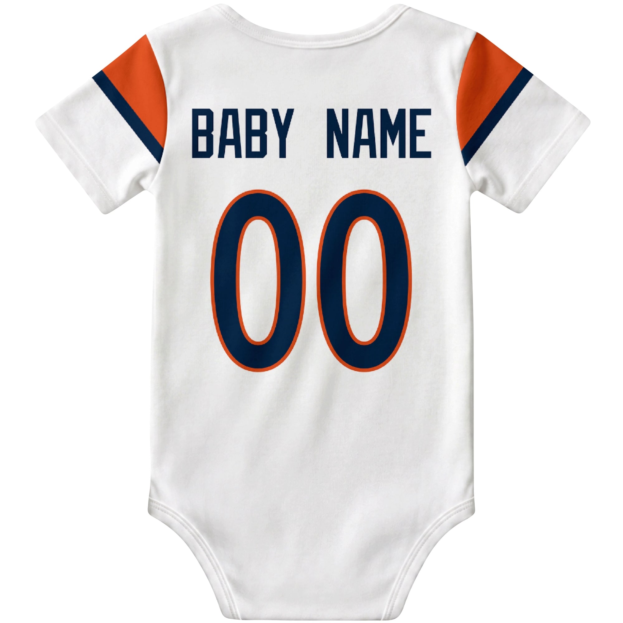 Denver White personalized football baby bodysuit back view with custom baby name and jersey number