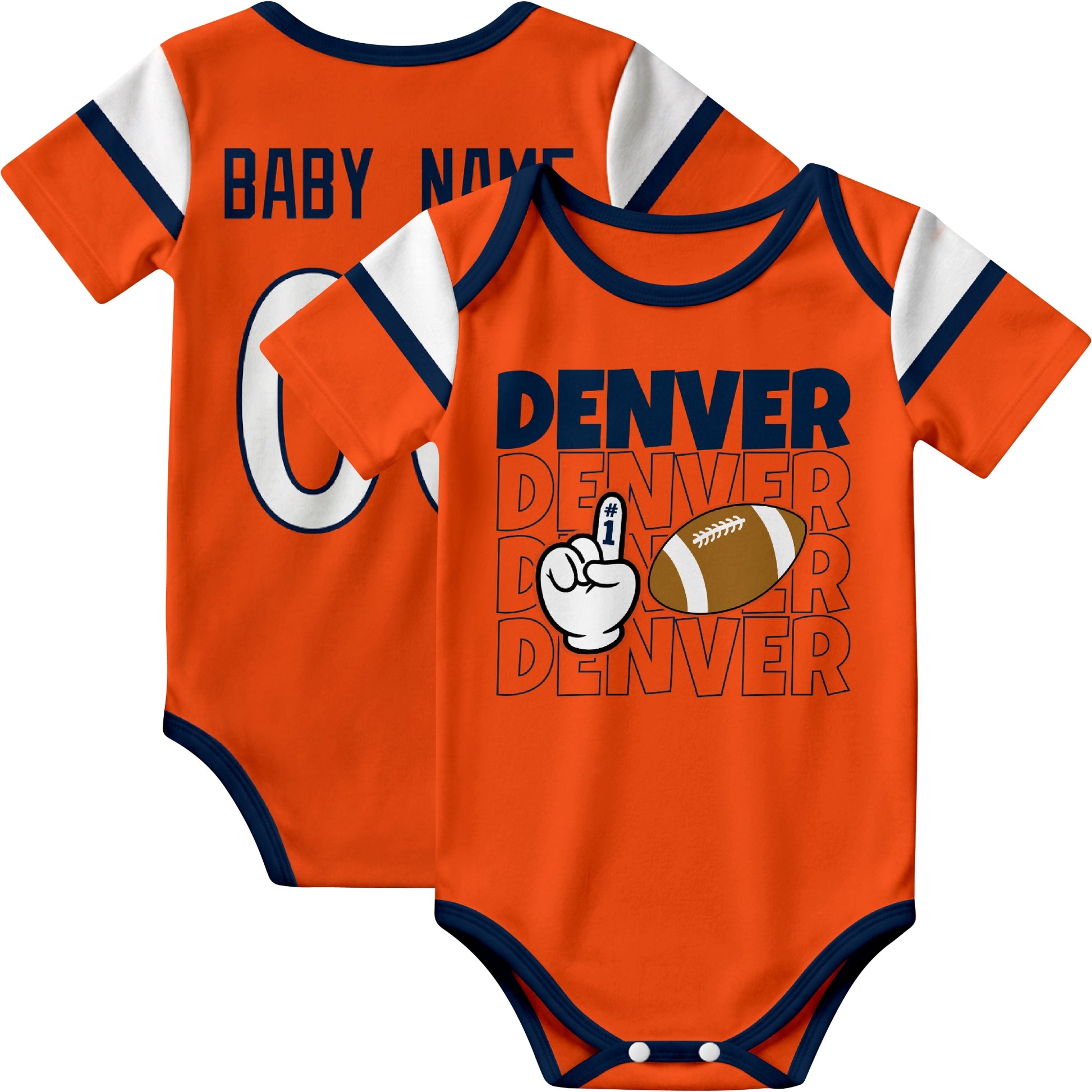 Denver personalized football baby bodysuit in Orange showing front number one fan design and back custom baby name and number