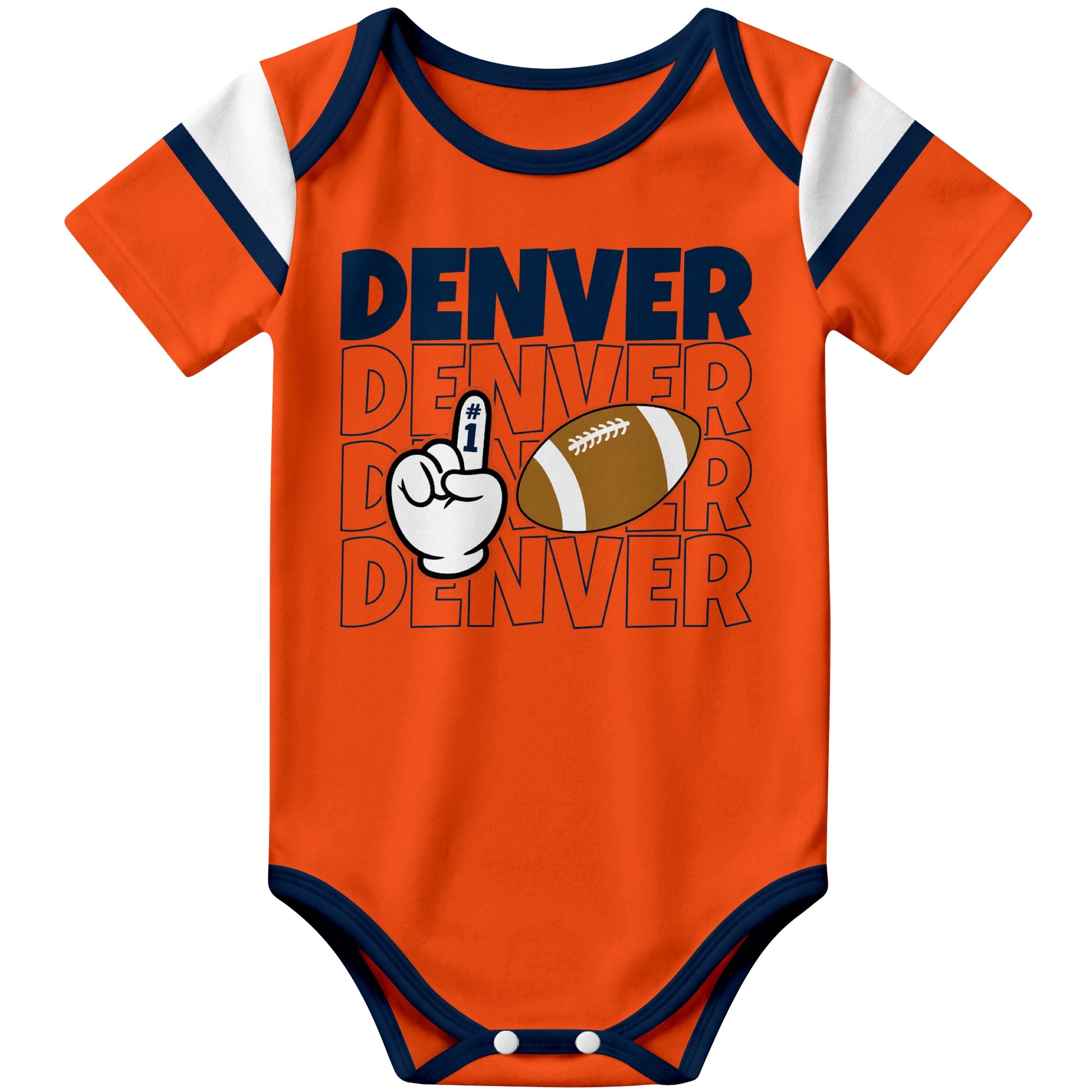 Denver Orange football baby bodysuit front view with city lettering football and number one fan hand graphic