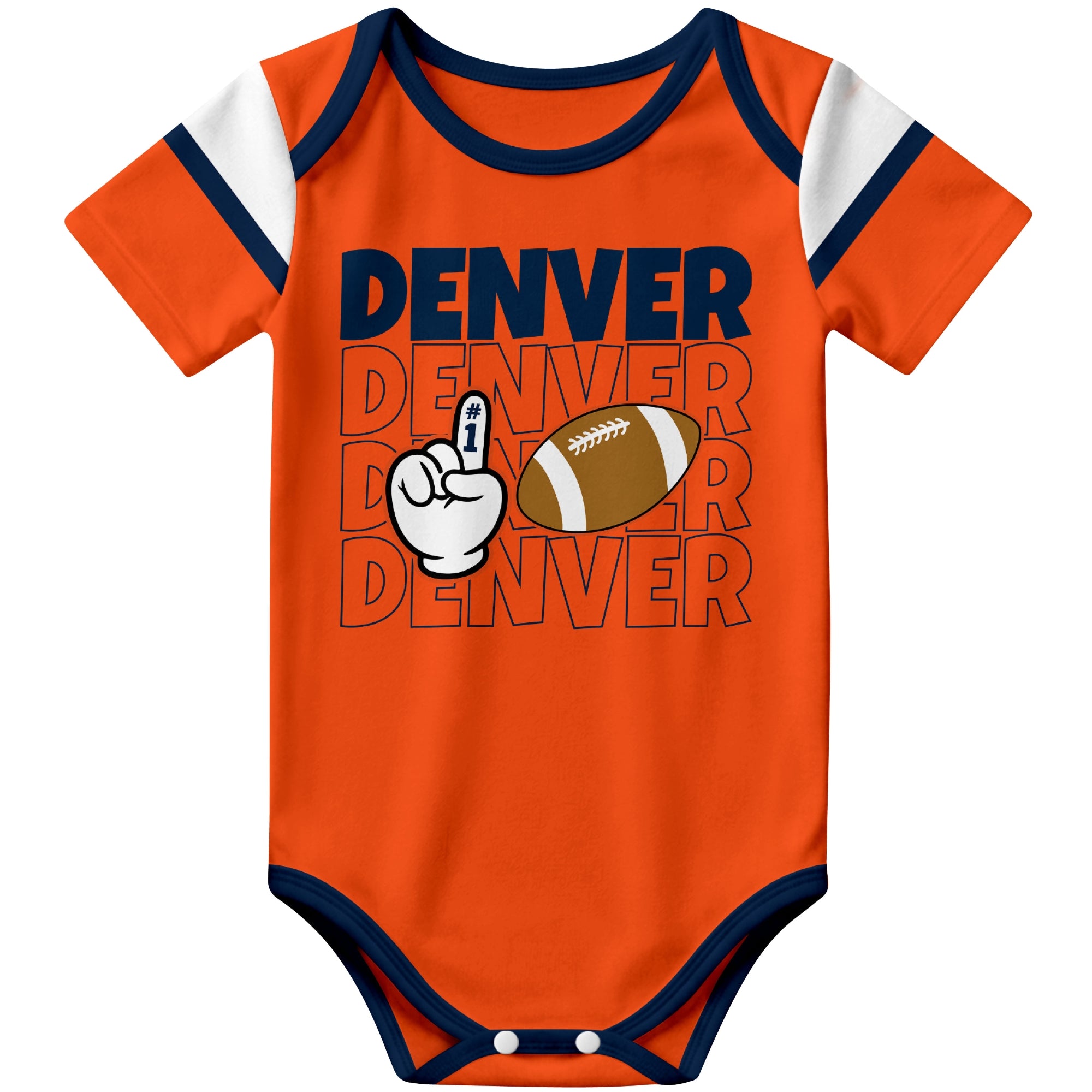 Denver Orange football baby bodysuit front view with city lettering football and number one fan hand graphic