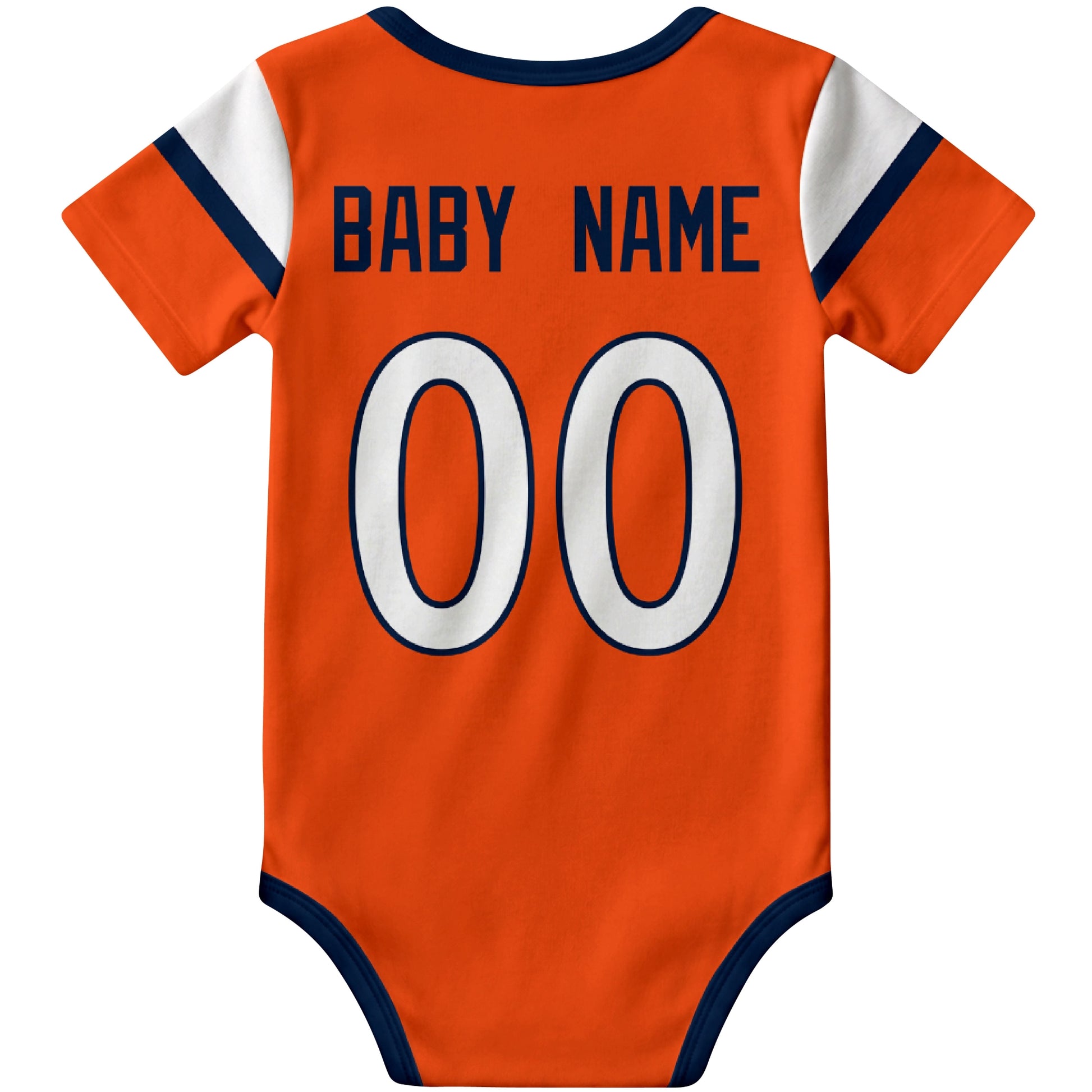 Denver Orange personalized football baby bodysuit back view with custom baby name and jersey number