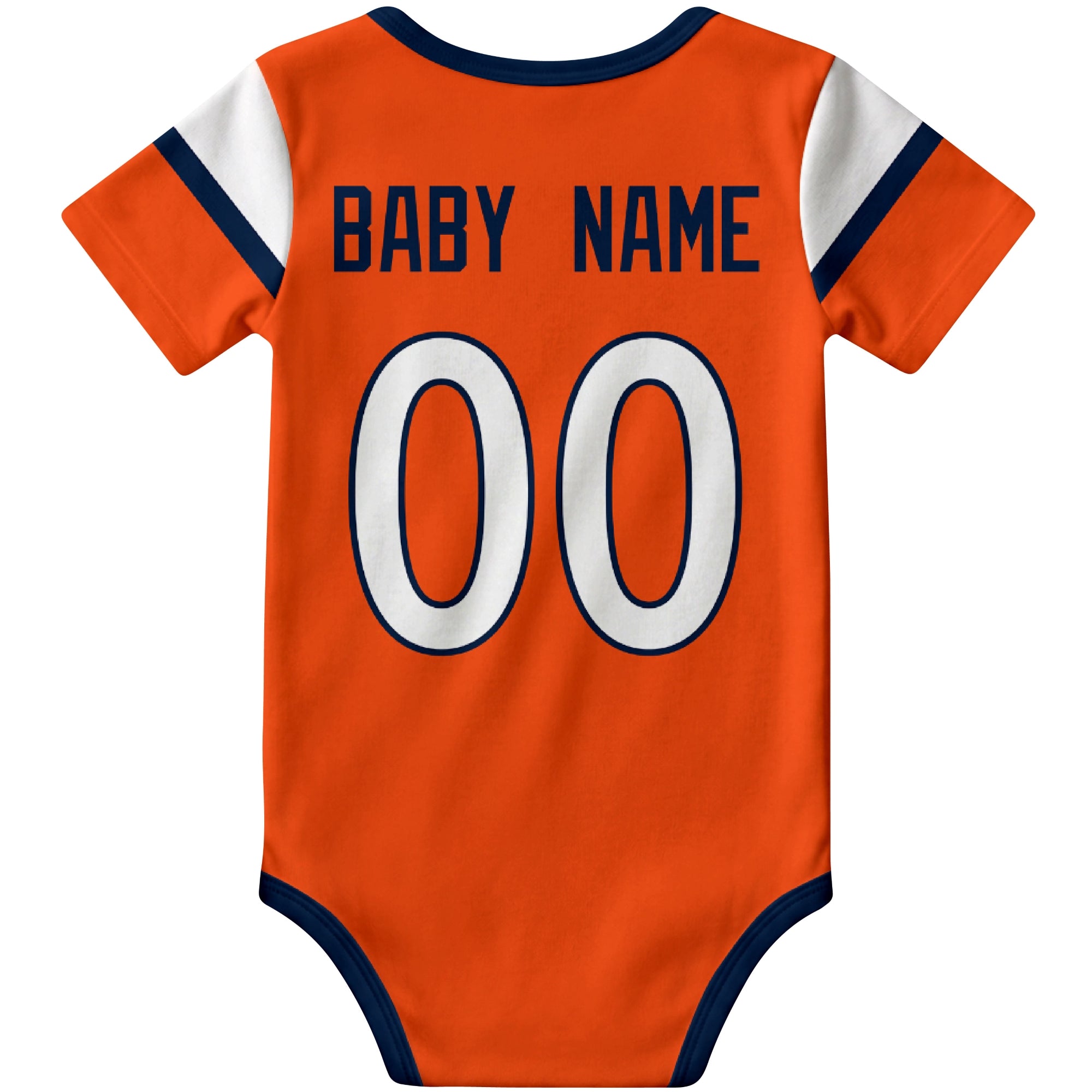 Denver Orange personalized football baby bodysuit back view with custom baby name and jersey number