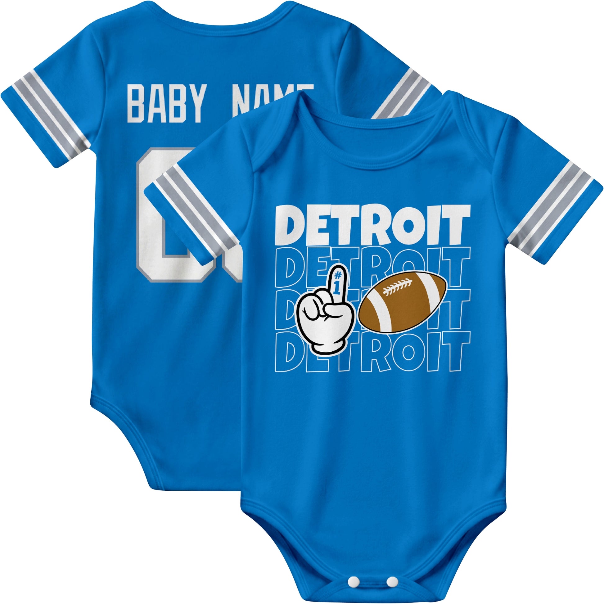 Detroit personalized football baby bodysuit in Blue showing front number one fan design and back custom baby name and number