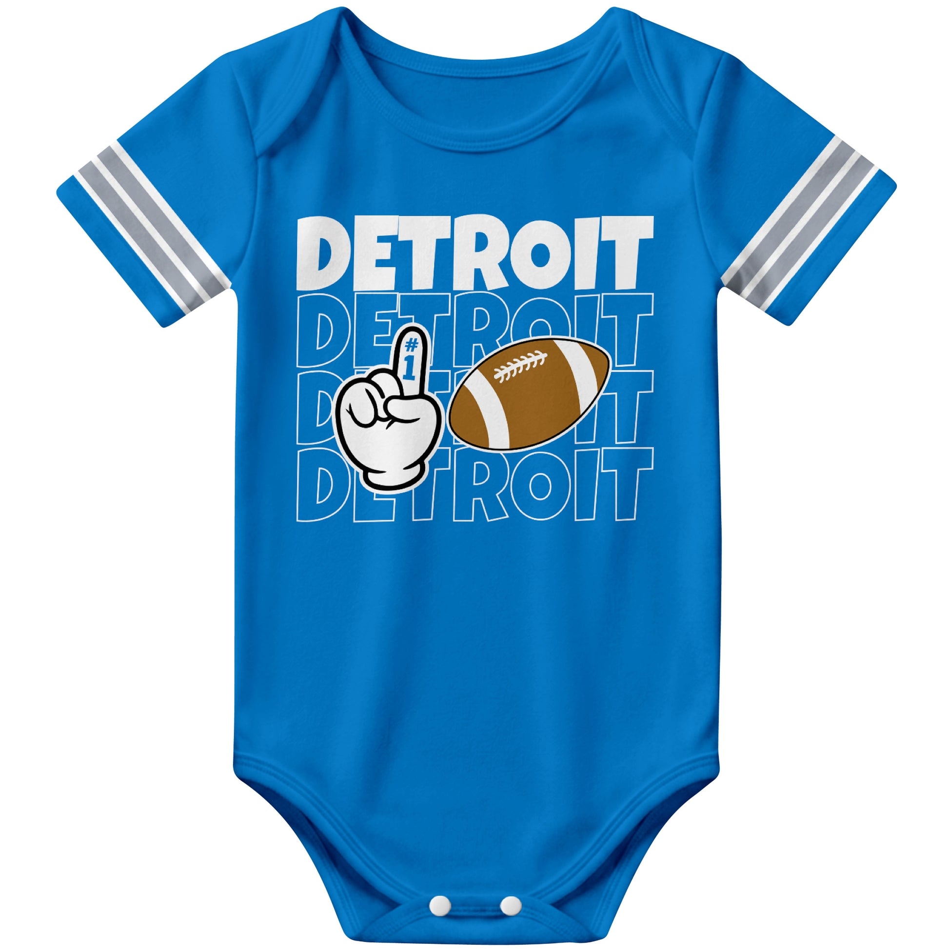 Detroit Blue football baby bodysuit front view with city lettering football and number one fan hand graphic