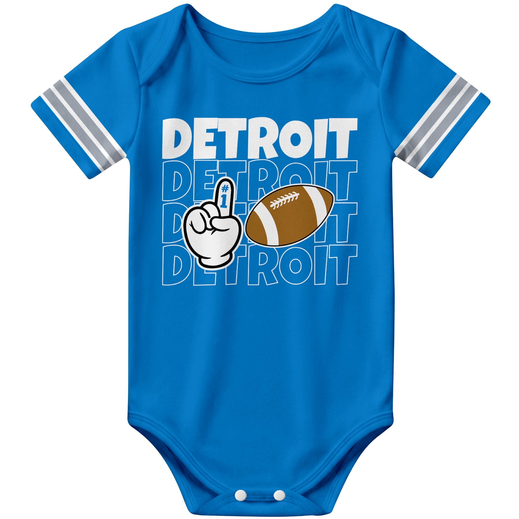 Detroit Blue football baby bodysuit front view with city lettering football and number one fan hand graphic