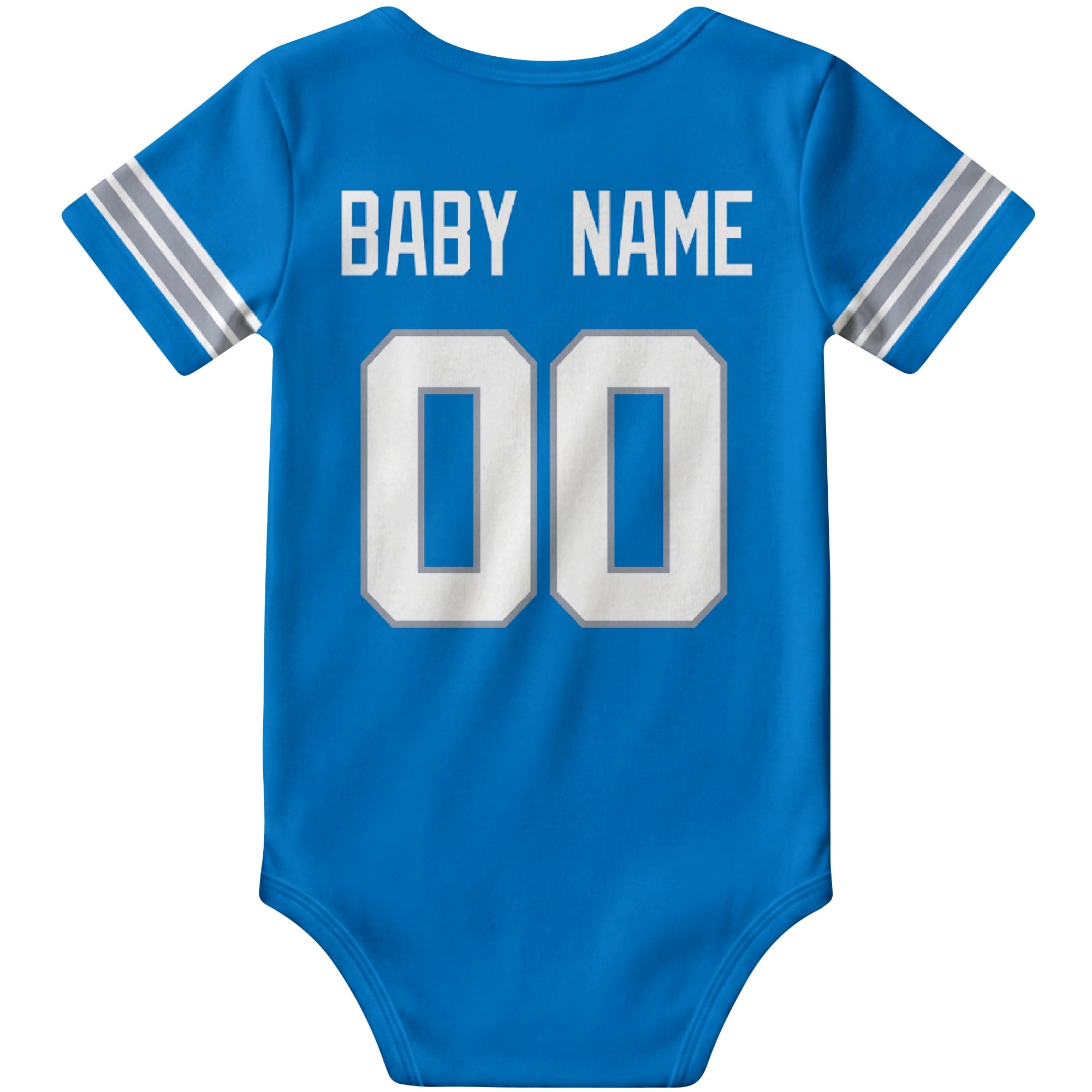 Detroit Blue personalized football baby bodysuit back view with custom baby name and jersey number
