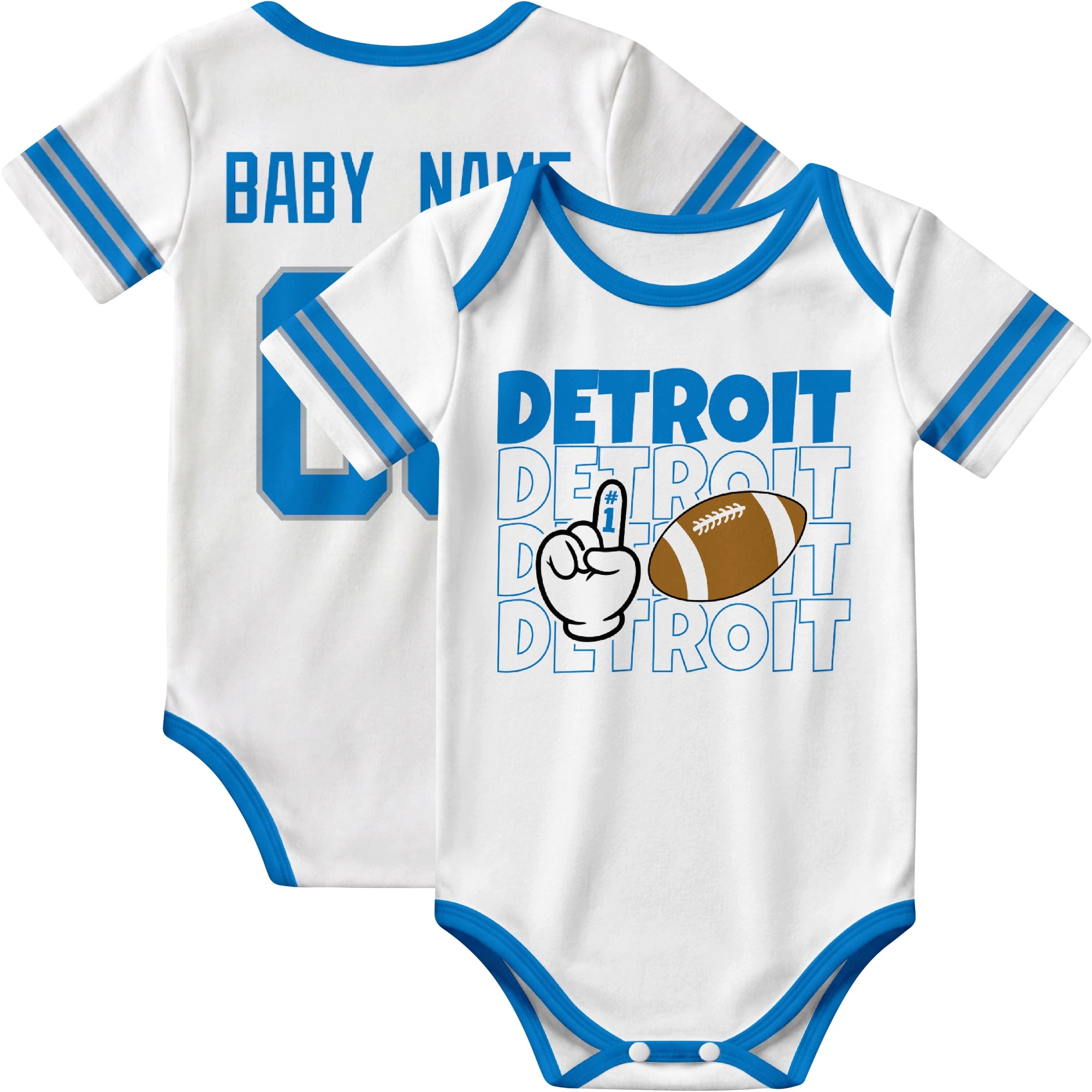 Detroit personalized football baby bodysuit in White showing front number one fan design and back custom baby name and number