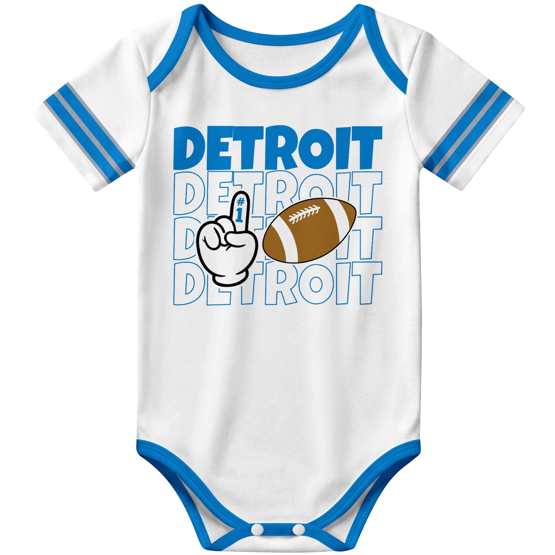 Detroit White football baby bodysuit front view with city lettering football and number one fan hand graphic