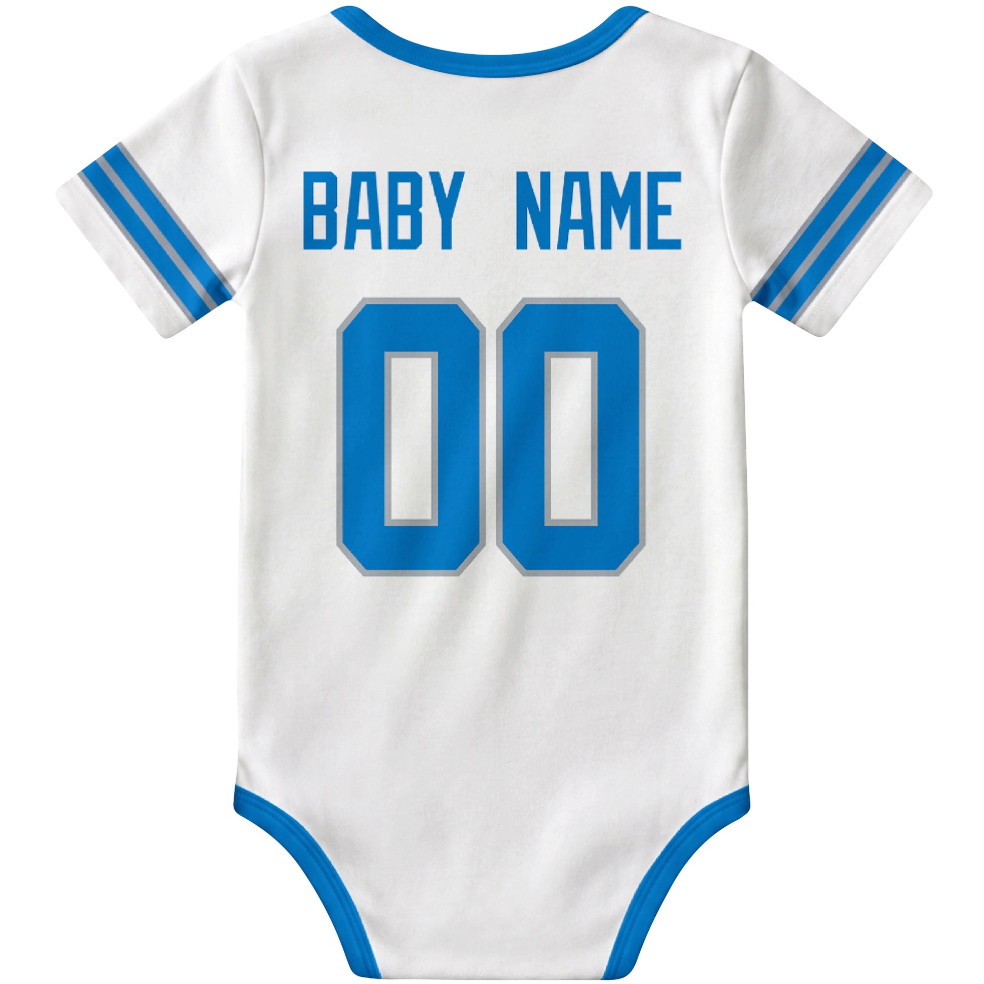 Detroit White personalized football baby bodysuit back view with custom baby name and jersey number