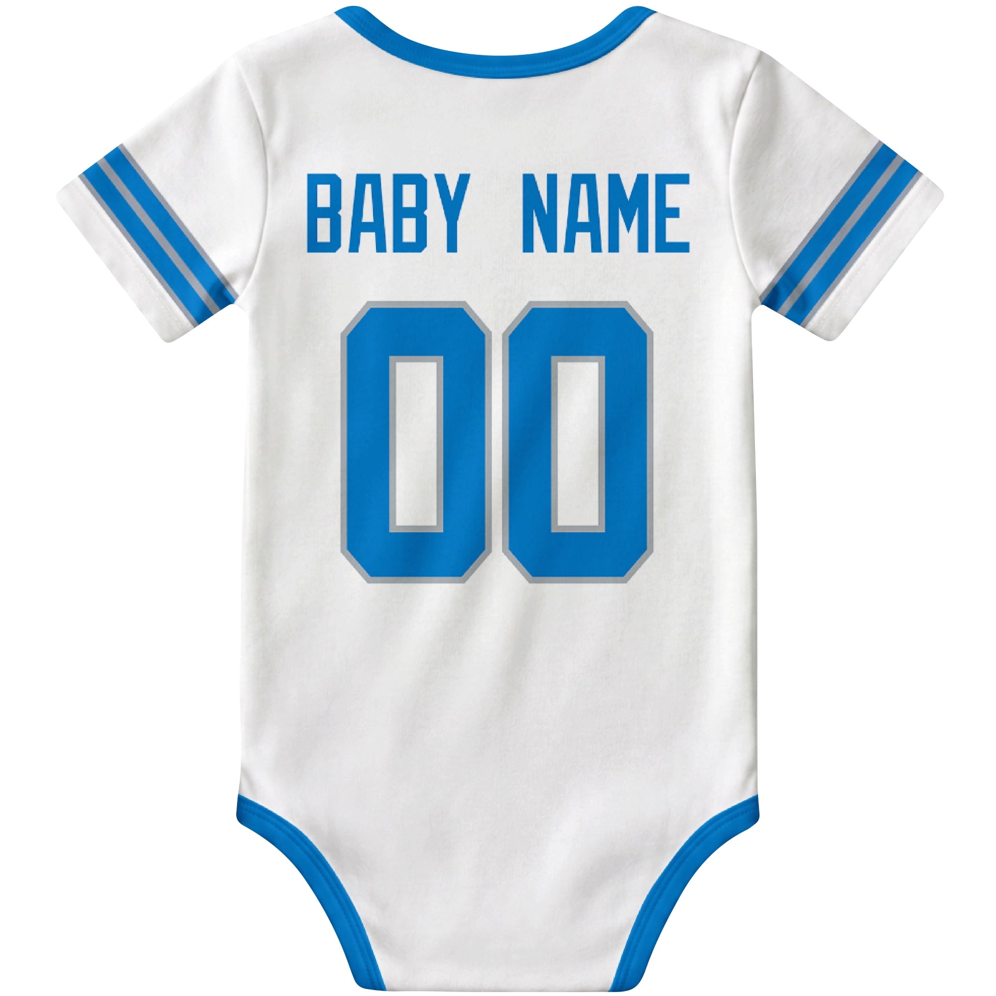 Detroit White personalized football baby bodysuit back view with custom baby name and jersey number